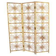 French Three-Panel Bamboo Wicker Rattan Folding Screen Room Divider, 1960s