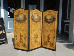 French Three Panel Decorative Painted Canvas Screen with Musical Monkeys C. 1830