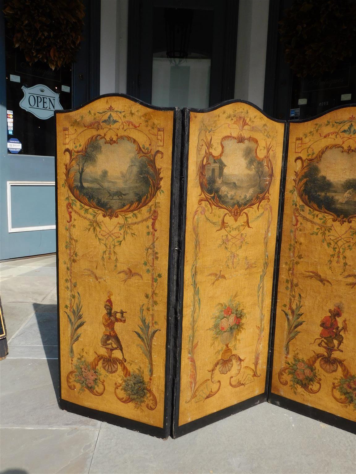 Louis Philippe French Three Panel Decorative Painted Canvas Screen with Musical Monkeys C. 1830 For Sale