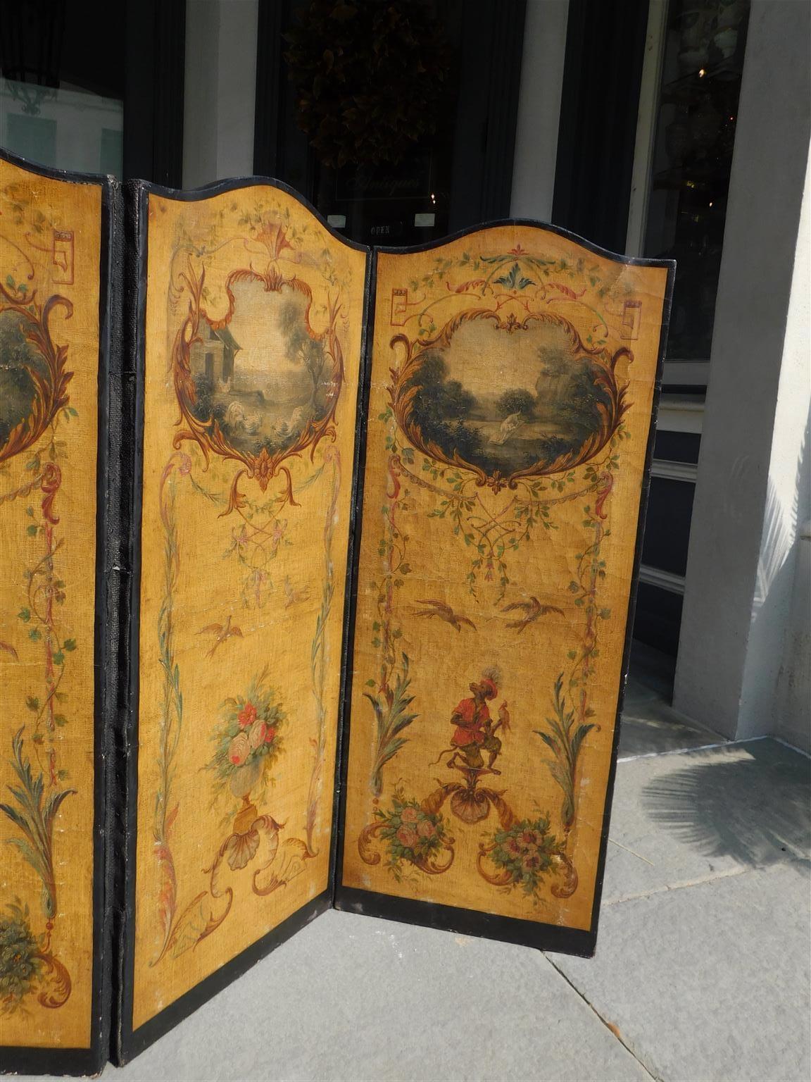 Hand-Carved French Three Panel Decorative Painted Canvas Screen with Musical Monkeys C. 1830 For Sale