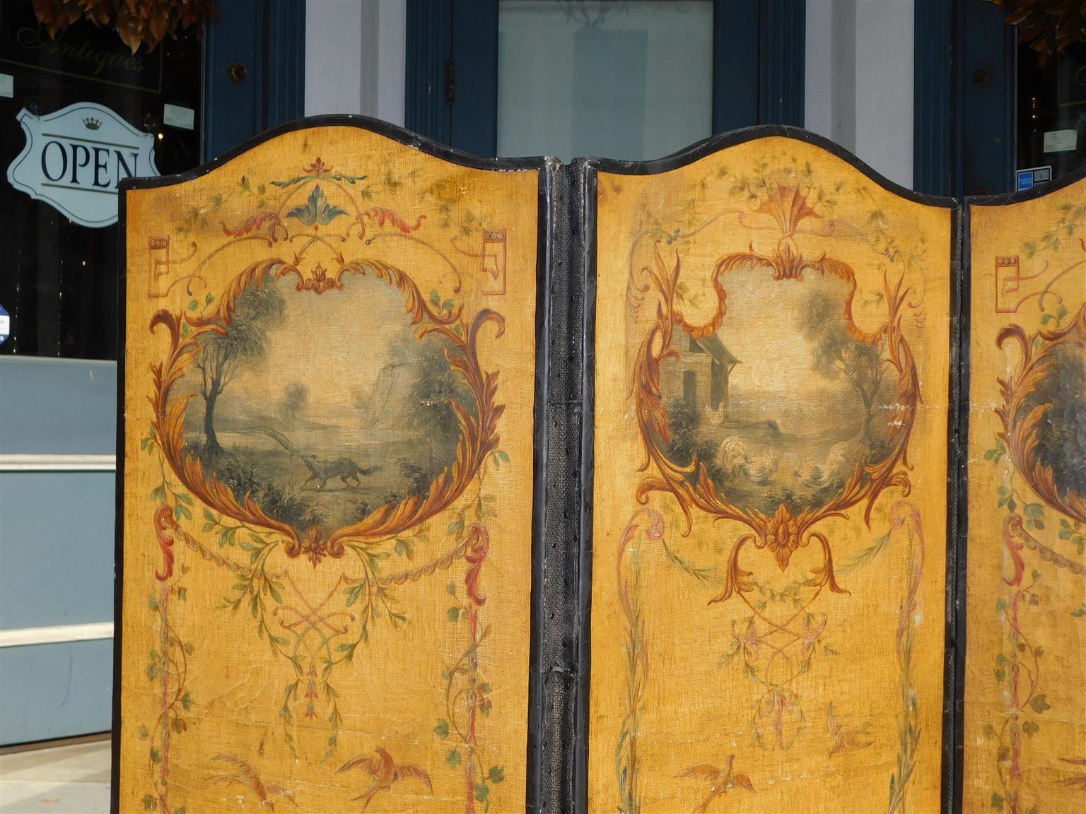 French Three Panel Decorative Painted Canvas Screen with Musical Monkeys C. 1830 In Excellent Condition For Sale In Hollywood, SC