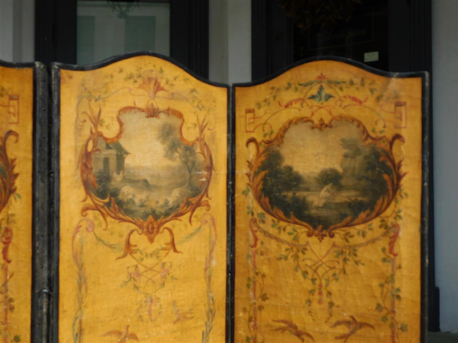 Mid-19th Century French Three Panel Decorative Painted Canvas Screen with Musical Monkeys C. 1830 For Sale