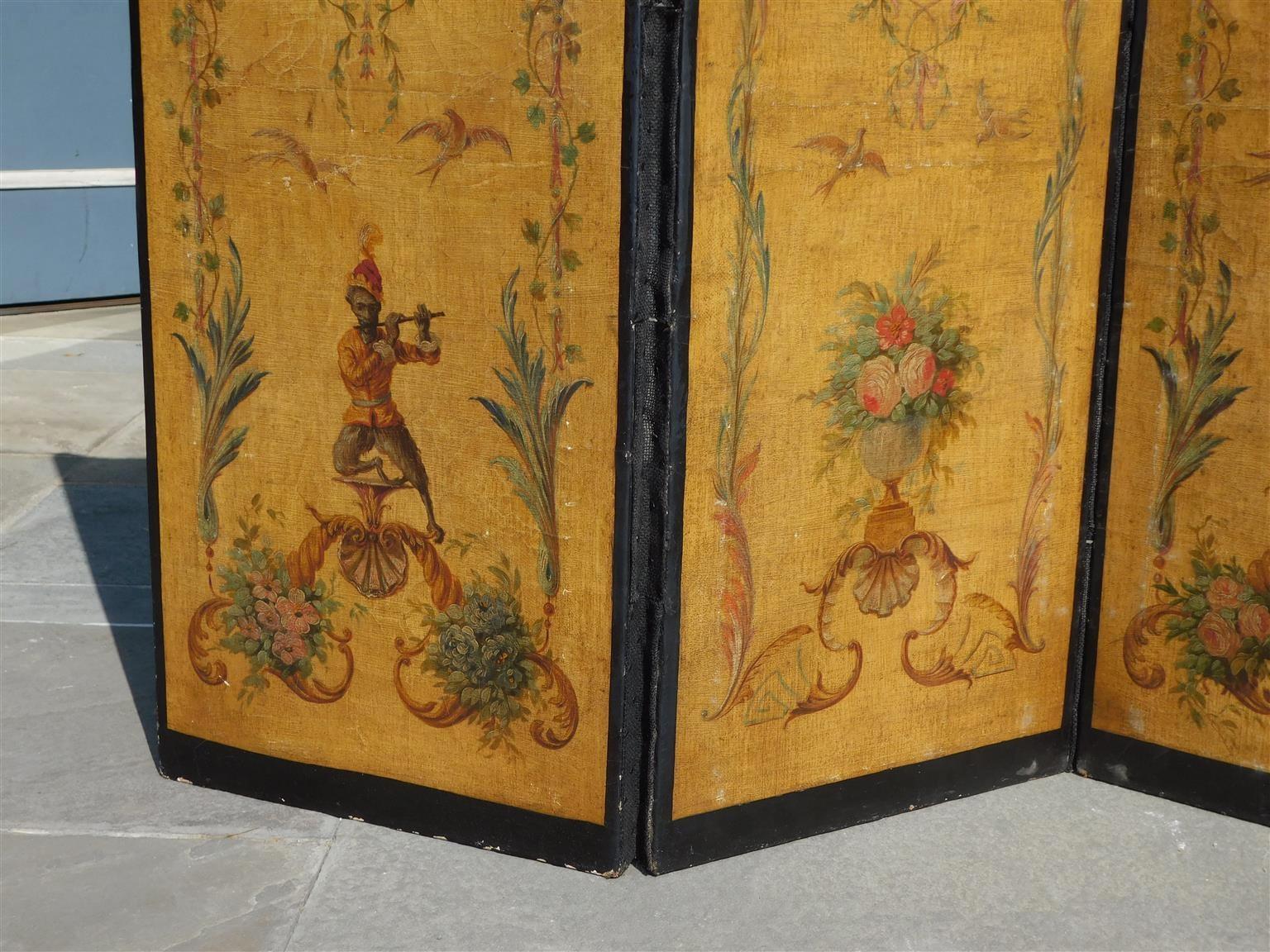 French Three Panel Decorative Painted Canvas Screen with Musical Monkeys C. 1830 For Sale 1