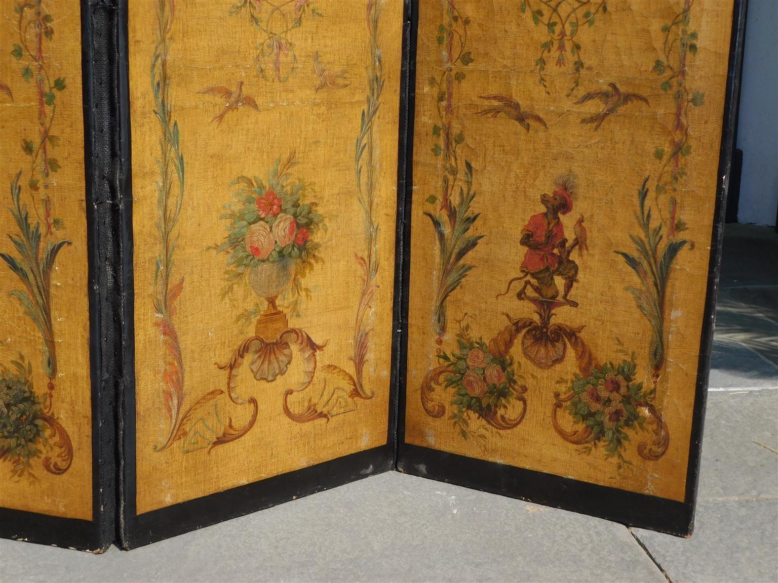 French Three Panel Decorative Painted Canvas Screen with Musical Monkeys C. 1830 For Sale 2