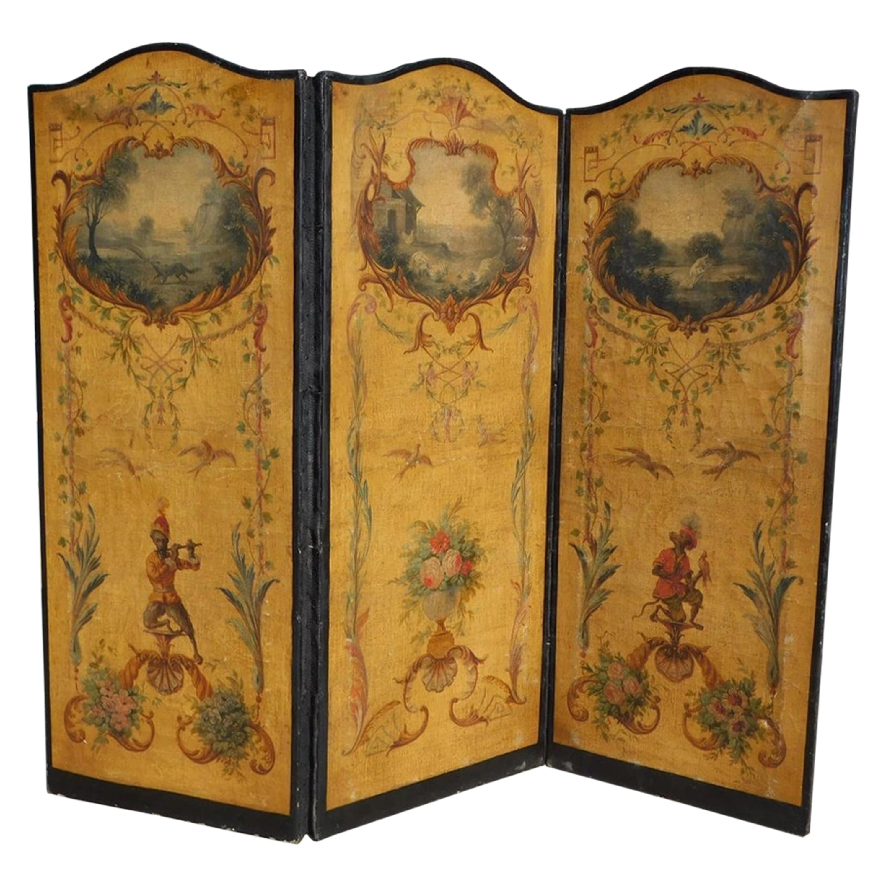 French Three Panel Decorative Painted Canvas Screen with Musical Monkeys C. 1830