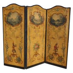 French Three Panel Decorative Painted Canvas Screen with Musical Monkeys C. 1830