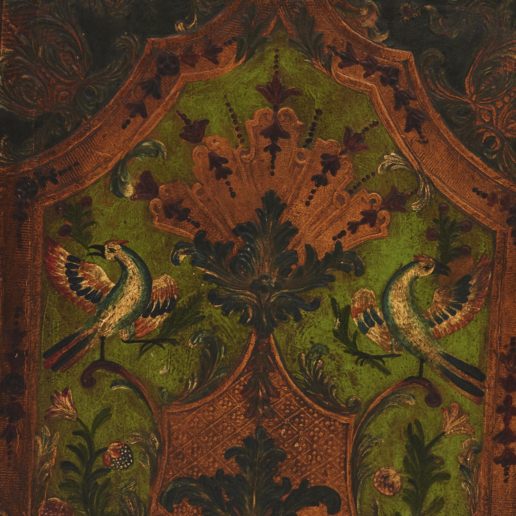 French Baroque style painted three panel folding leather screen depicting birds and floral motifs.
France mid-19th century.
Very decorative and in good condition.