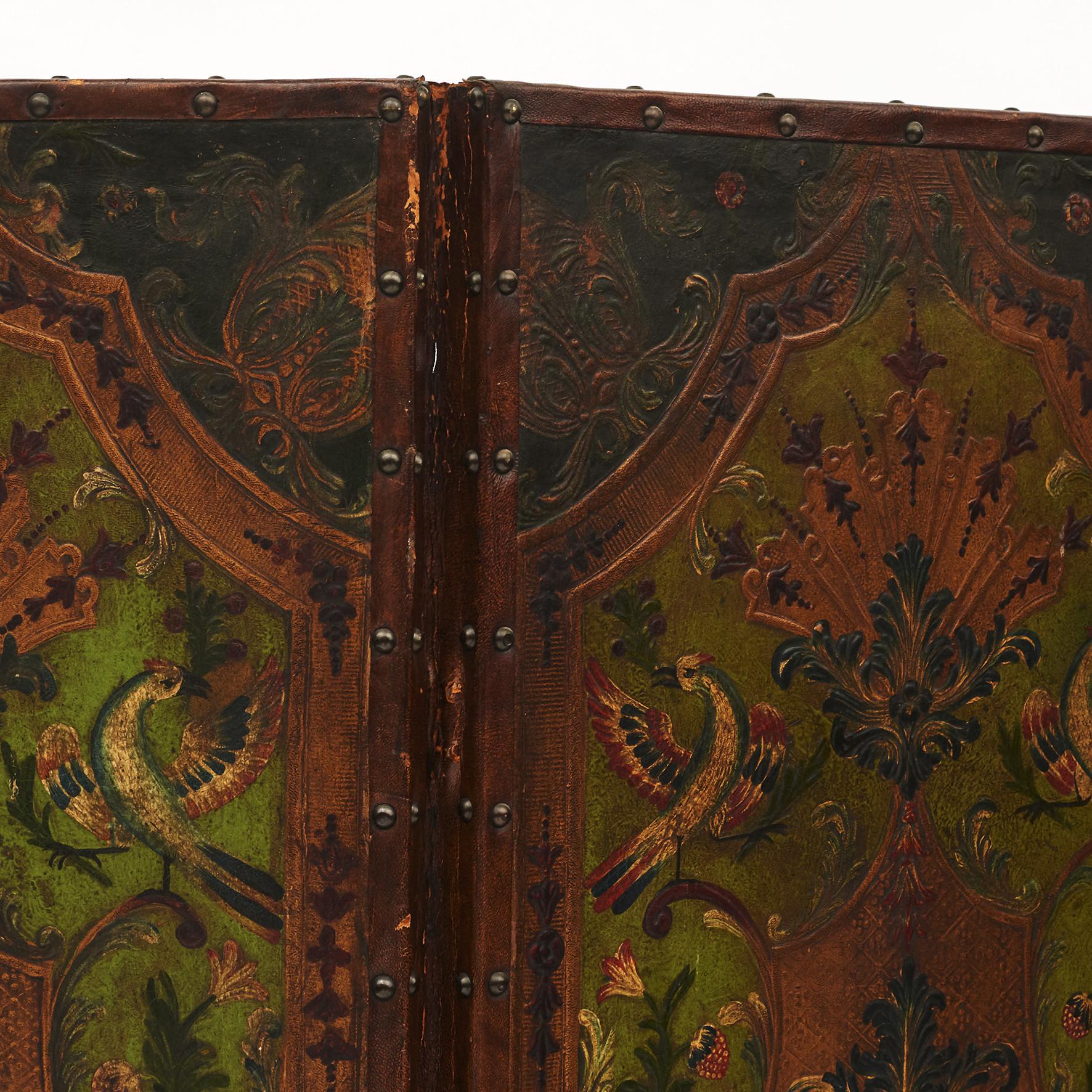 Baroque French Three-Panel Folding Leather Screen