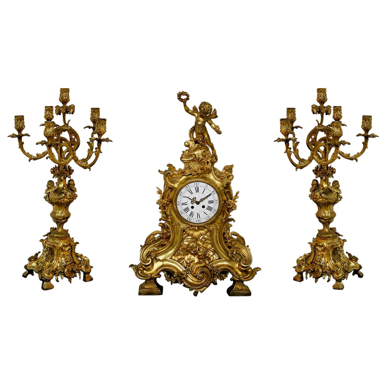 Three-Piece Clock by Samuel Marti Attributed Alfred Emmanuel Louis Beurdeley