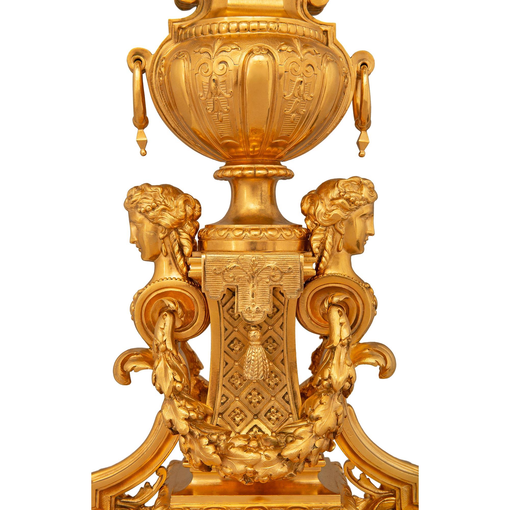 French three piece garniture set, signed by the Lemerle-Charpentier foundry In Good Condition For Sale In West Palm Beach, FL