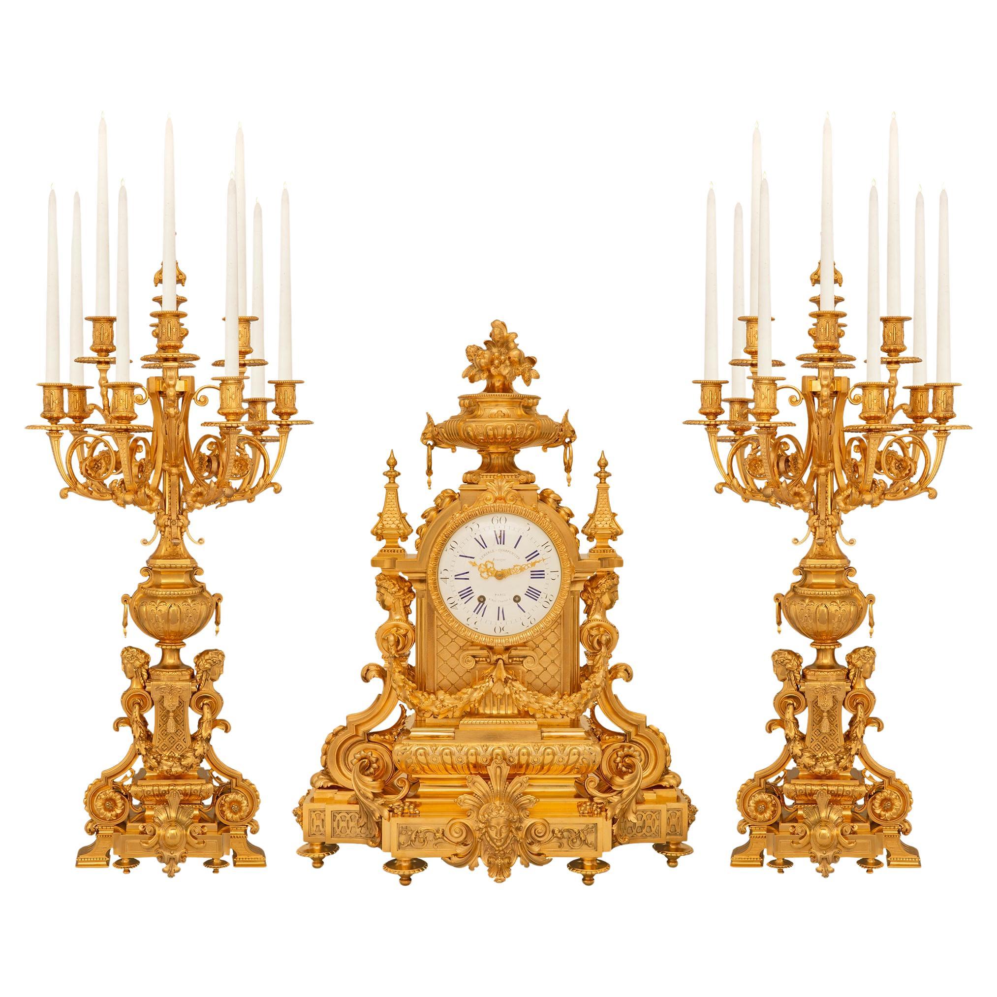 French three piece garniture set, signed by the Lemerle-Charpentier foundry For Sale
