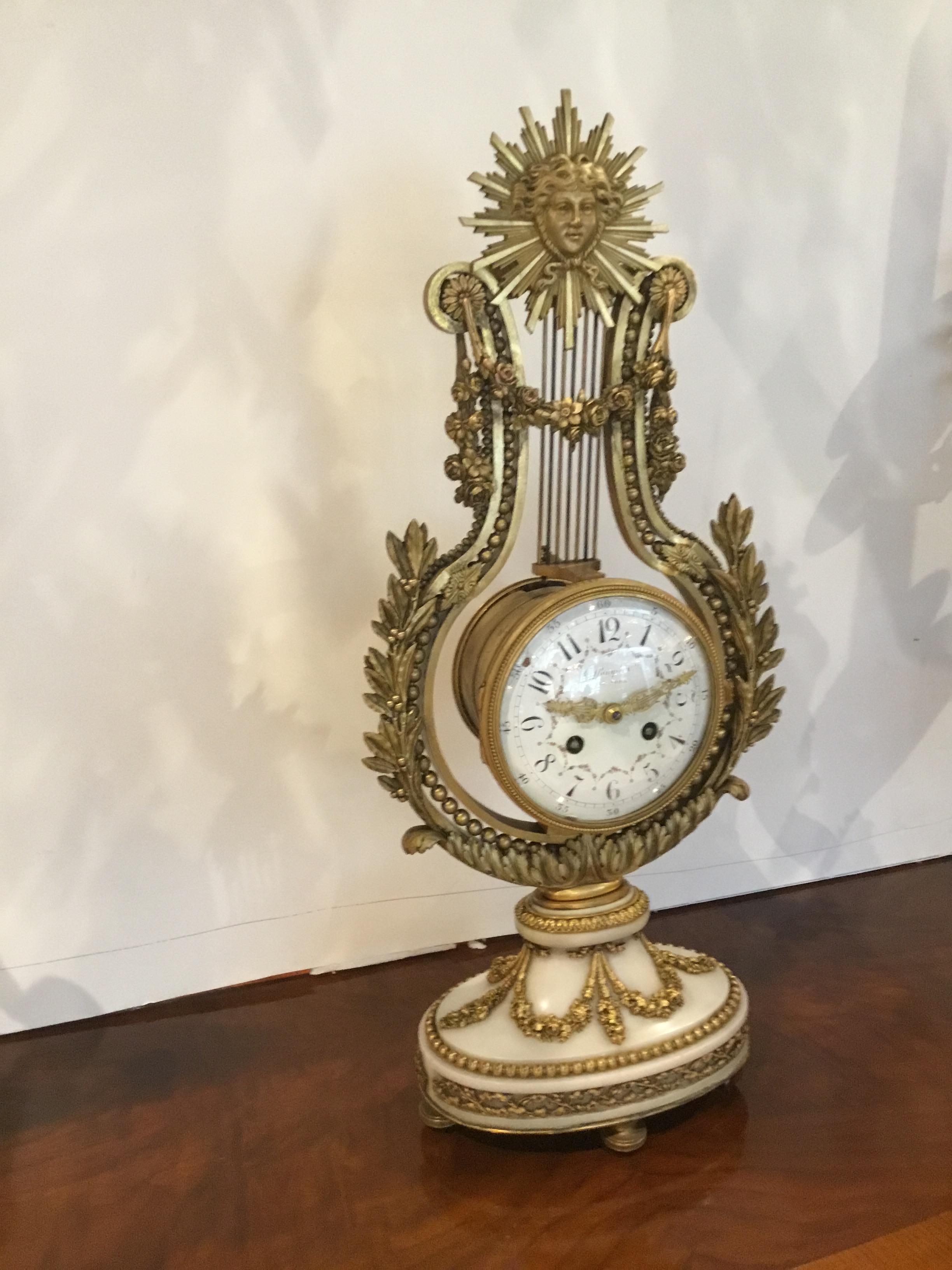 French Three-Piece Gilt Bronze Clock and Candelabrum Garniture Set, 19th Century For Sale 1