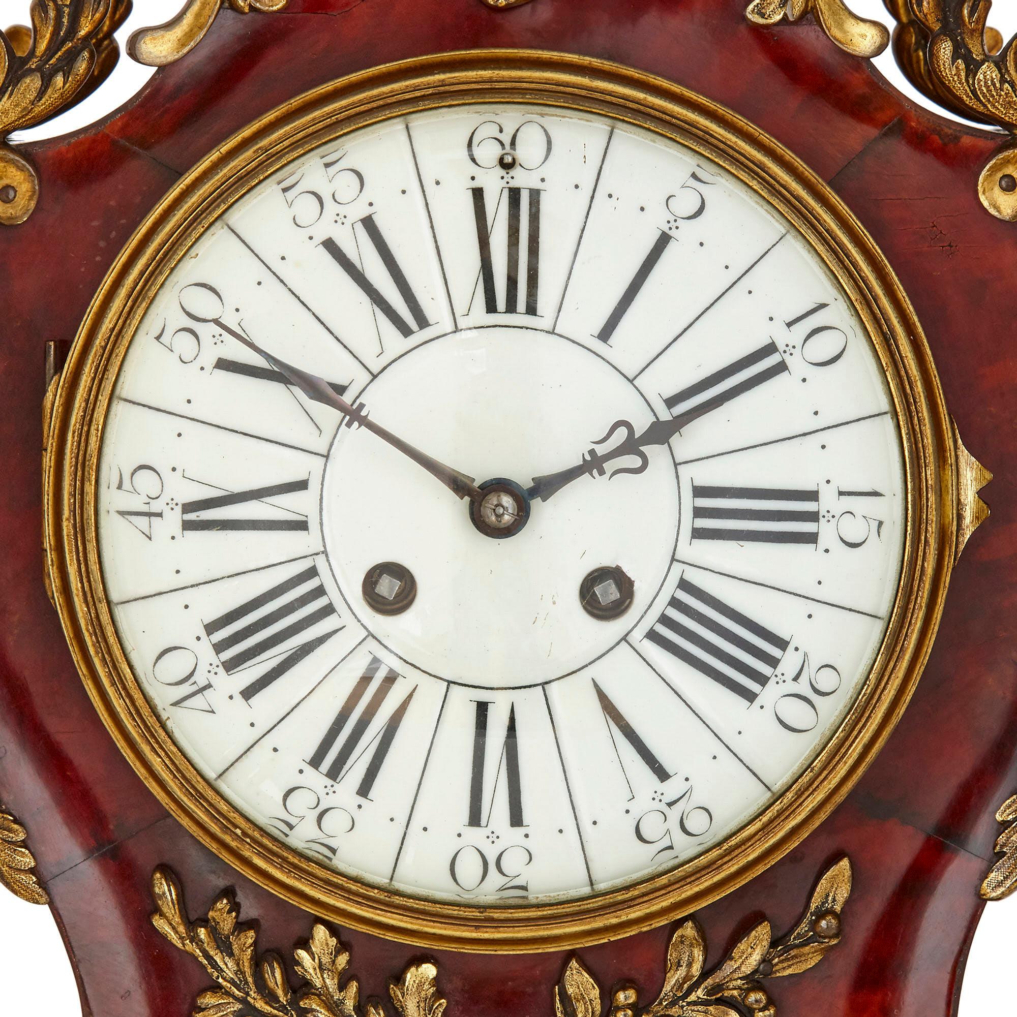 Louis XV French Three-Piece Tortoiseshell and Gilt Bronze Clock Set For Sale
