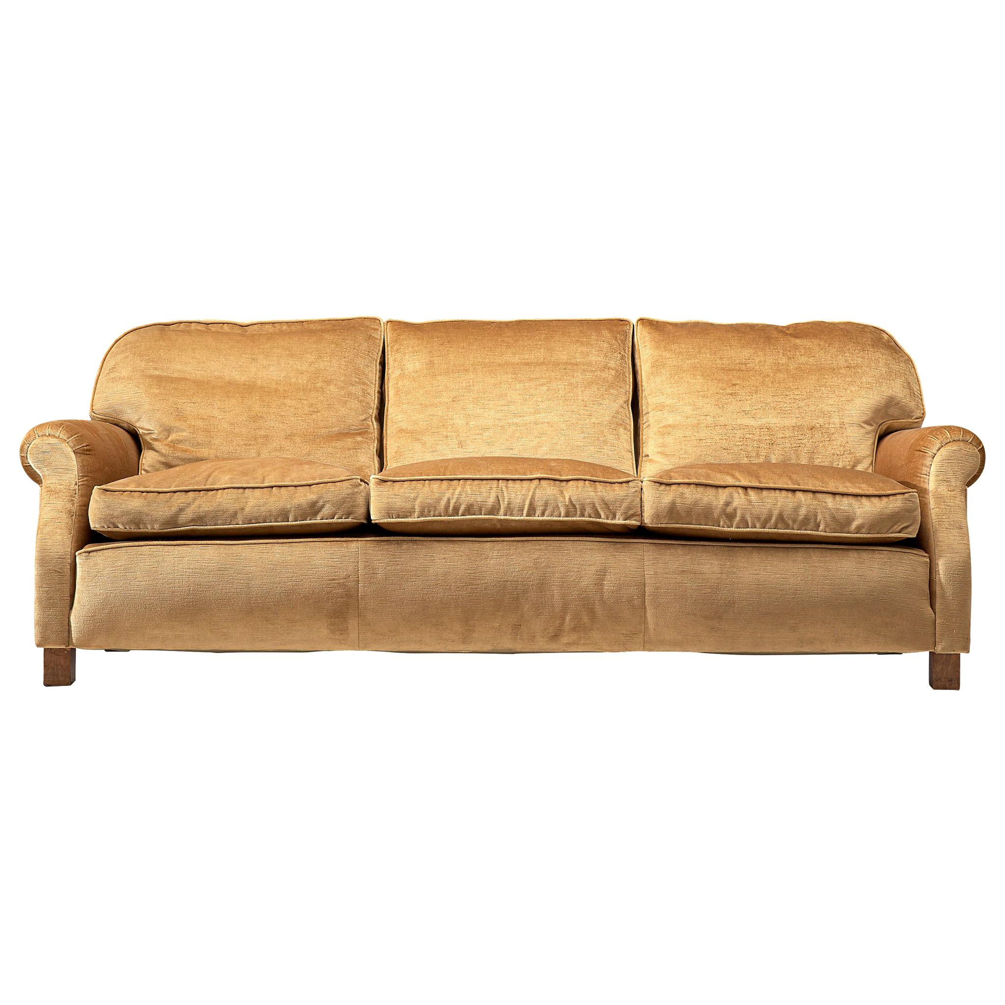 French Three-Seat Sofa in Beige Velvet