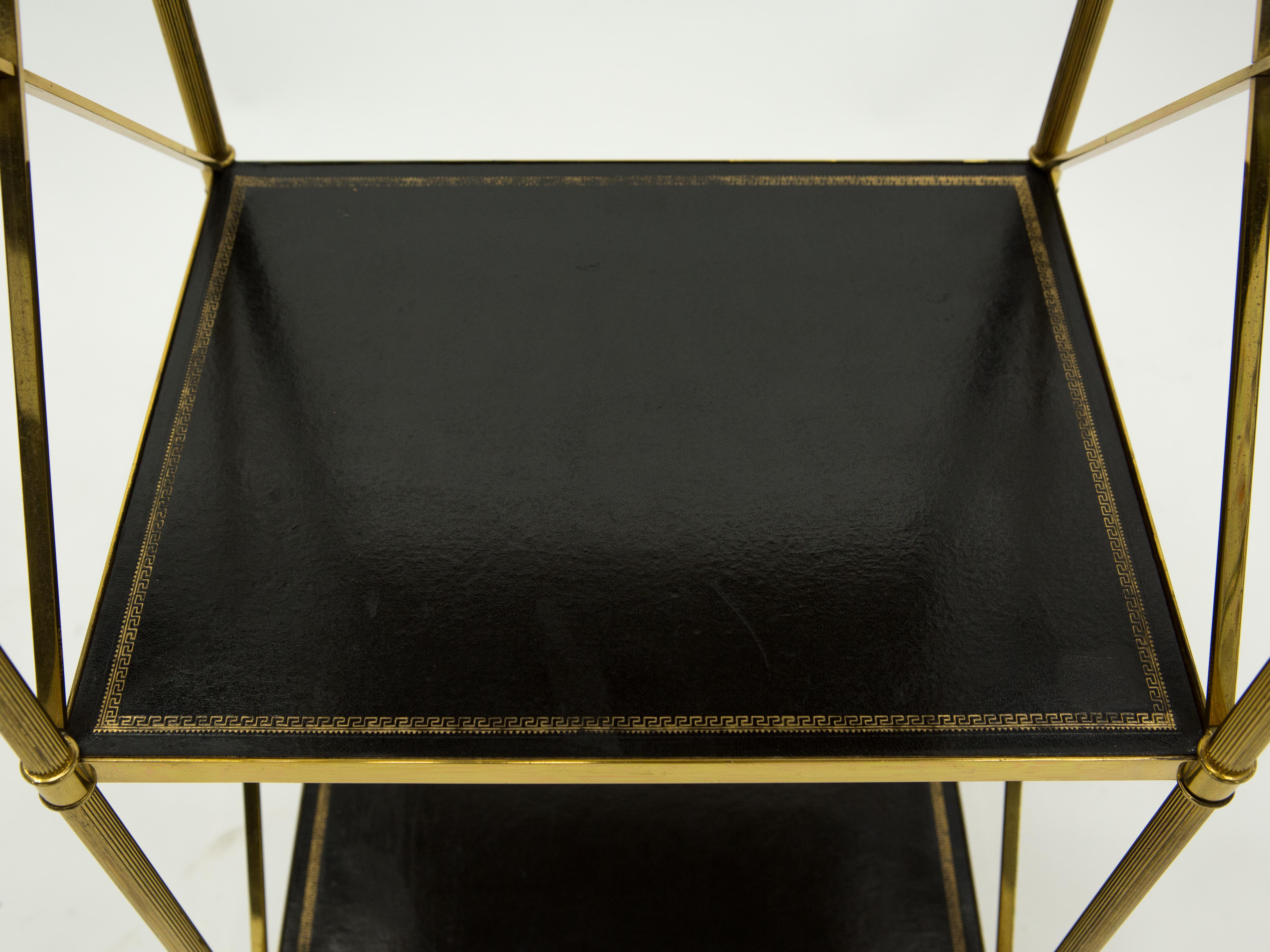 French Three-Tier Maison Jansen Brass Leather Side Table, 1970s 4