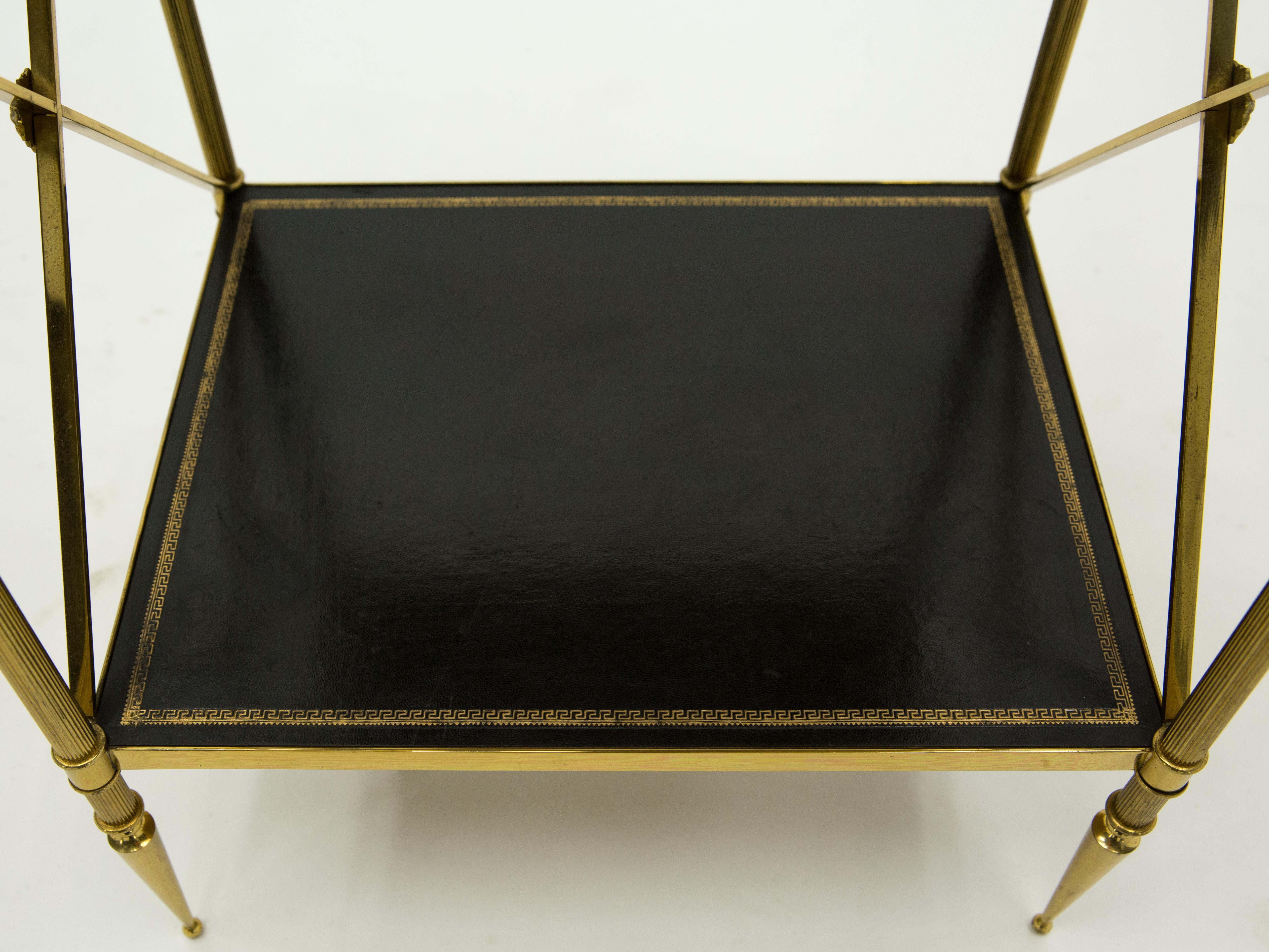 French Three-Tier Maison Jansen Brass Leather Side Table, 1970s 7