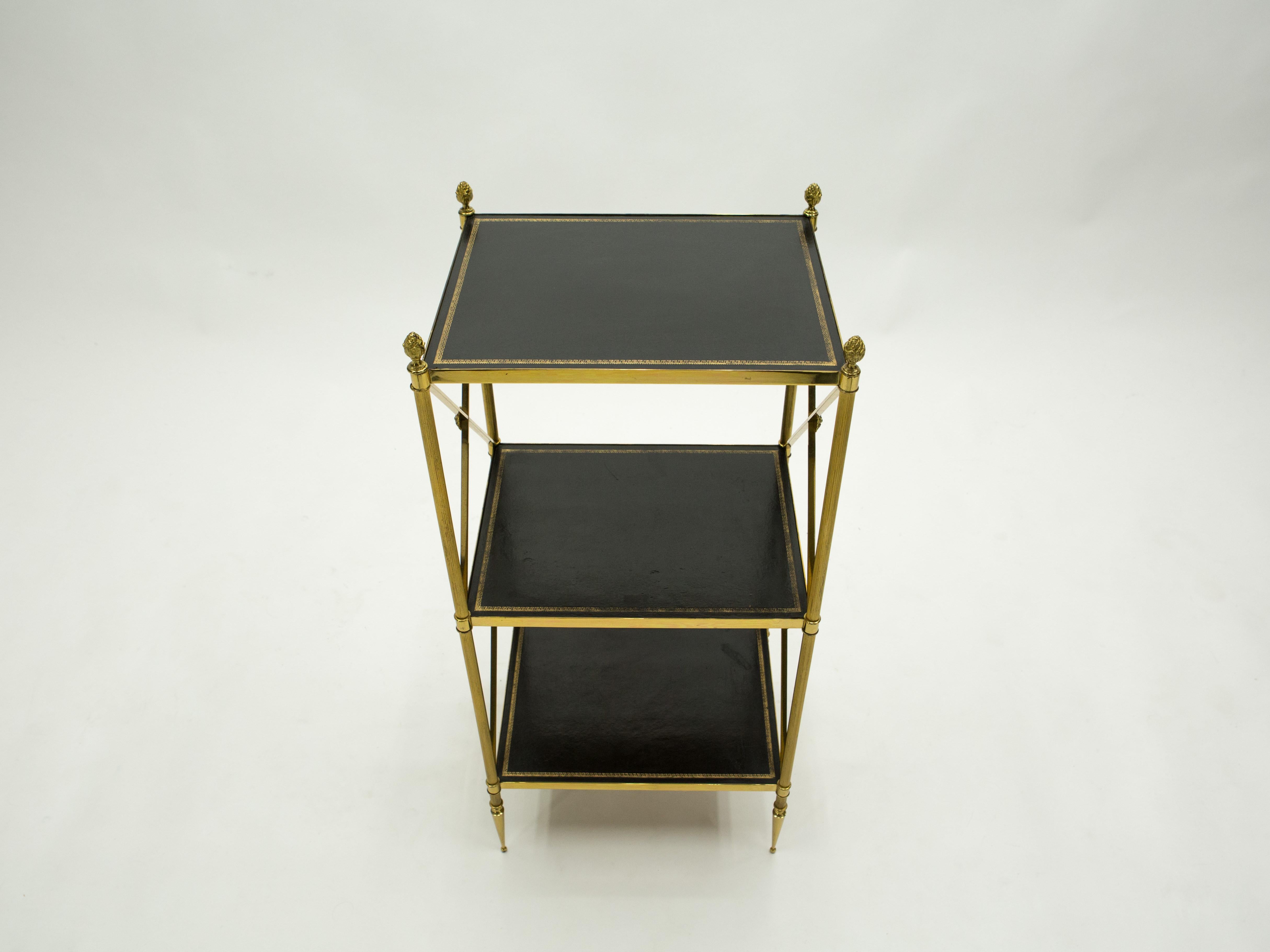Mid-Century Modern French Three-Tier Maison Jansen Brass Leather Side Table, 1970s