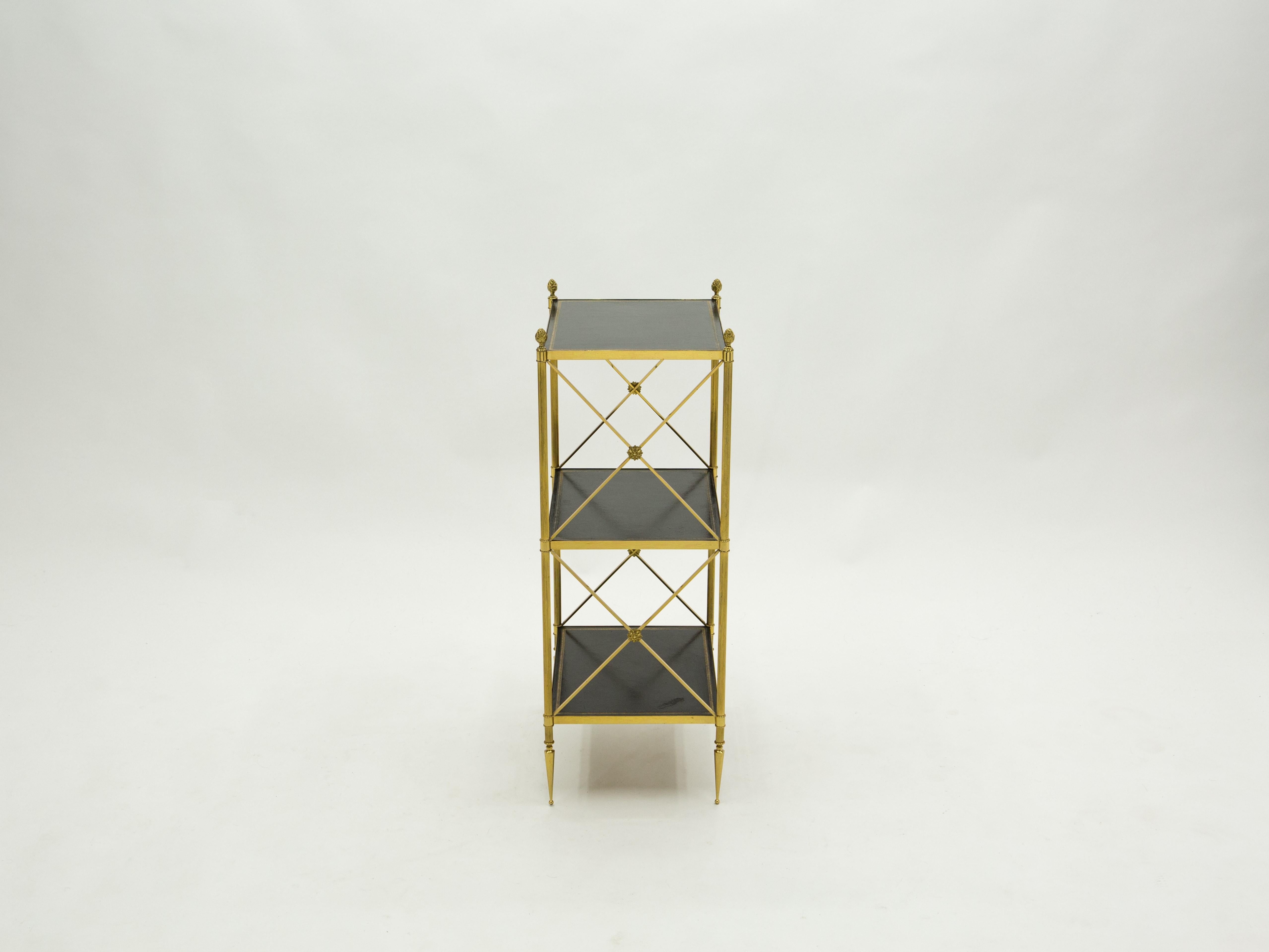 French Three-Tier Maison Jansen Brass Leather Side Table, 1970s In Good Condition In Paris, IDF