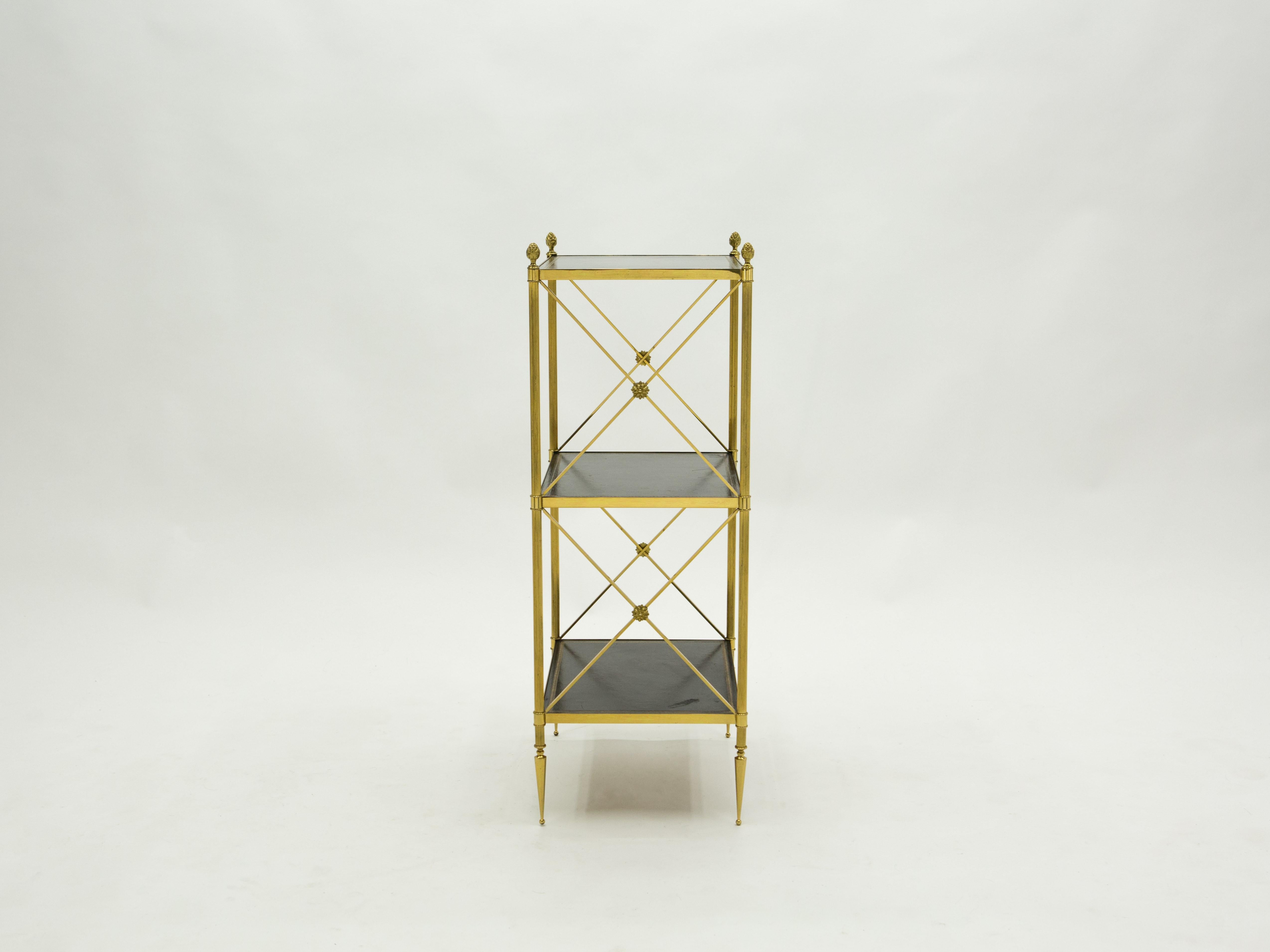 French Three-Tier Maison Jansen Brass Leather Side Table, 1970s 1