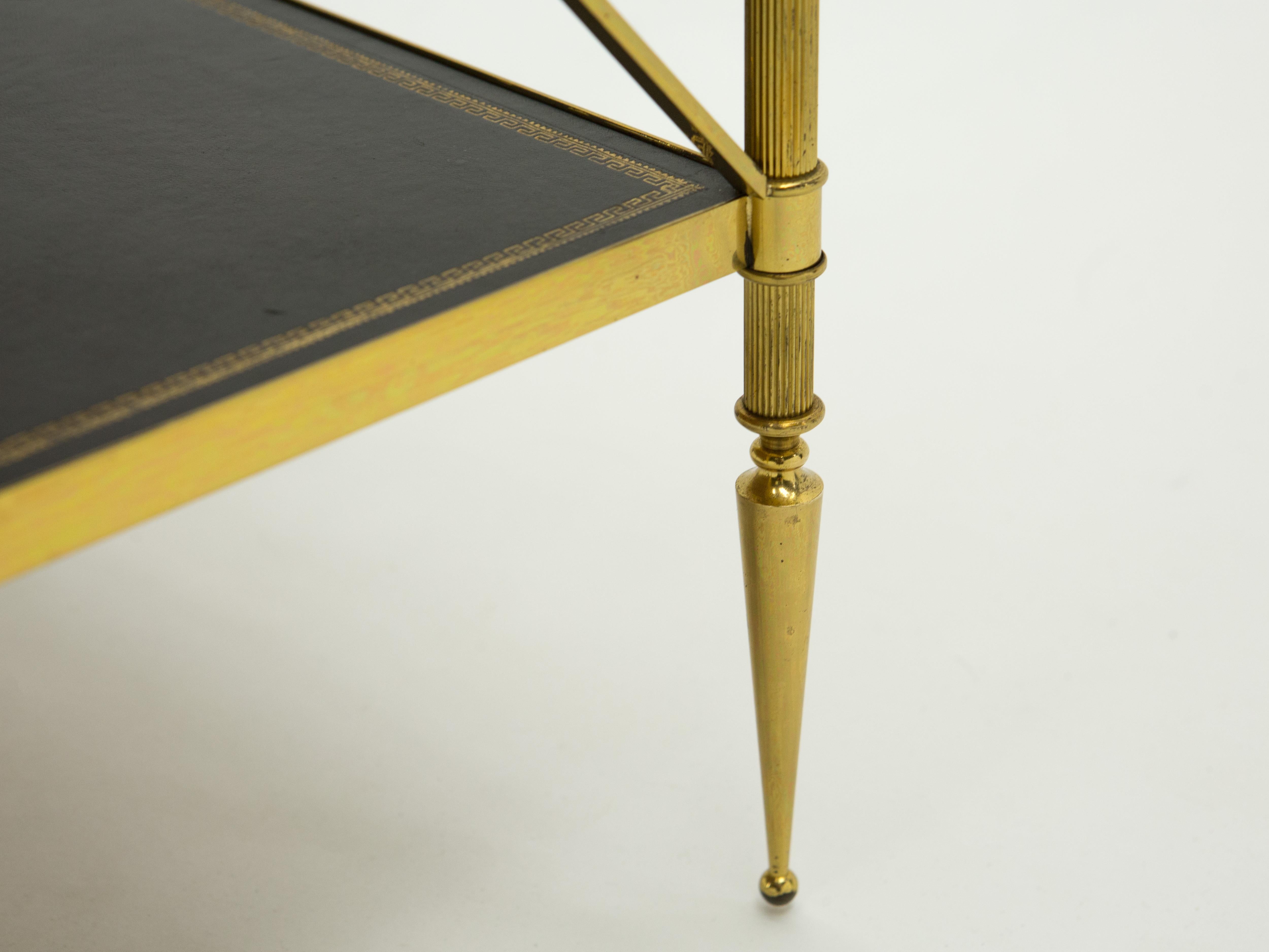 French Three-Tier Maison Jansen Brass Leather Side Table, 1970s 2