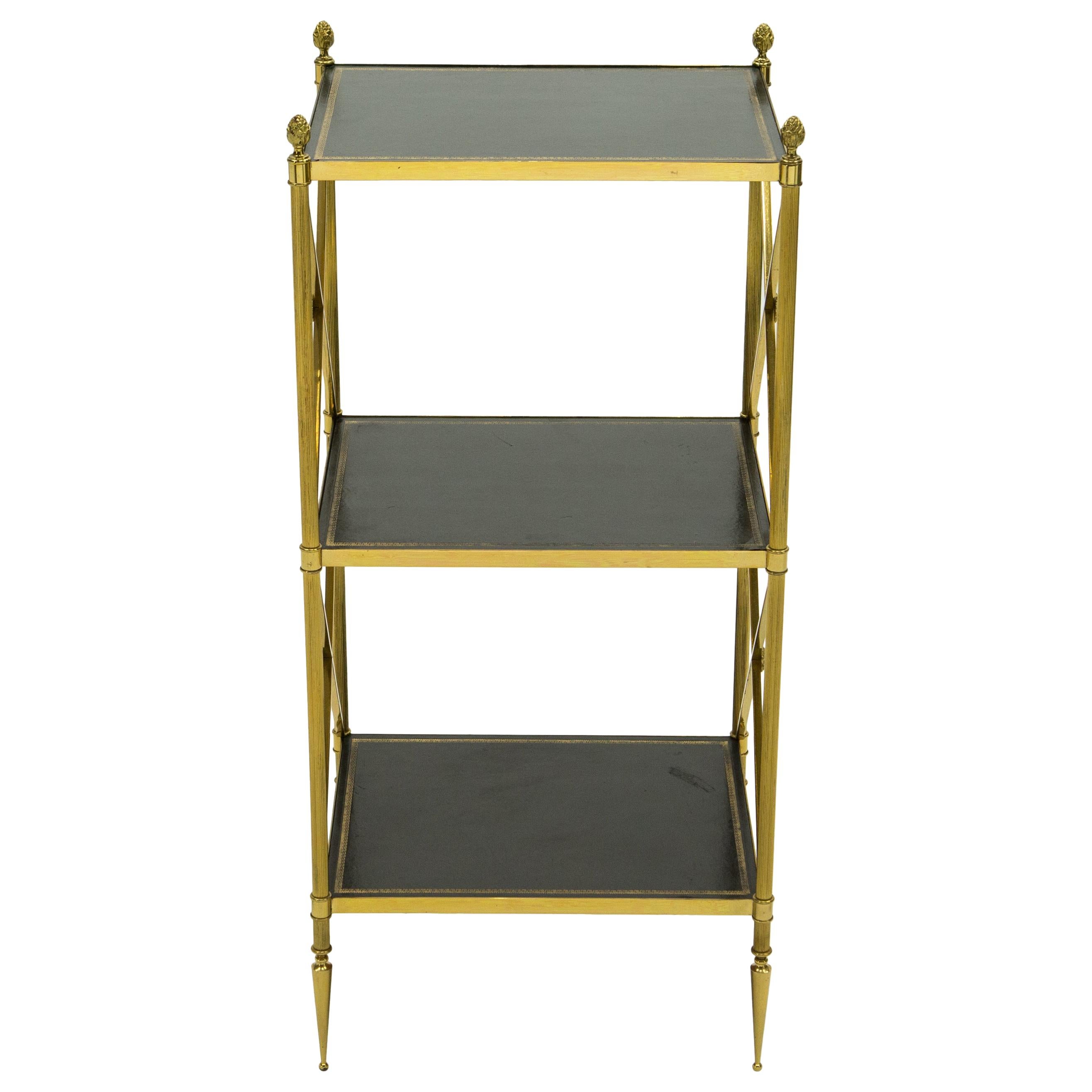 French Three-Tier Maison Jansen Brass Leather Side Table, 1970s