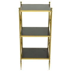 French Three-Tier Maison Jansen Brass Leather Side Table, 1970s
