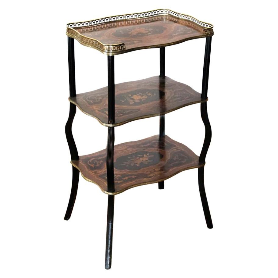 French Three-Tiered Marquetry Inlaid Table For Sale