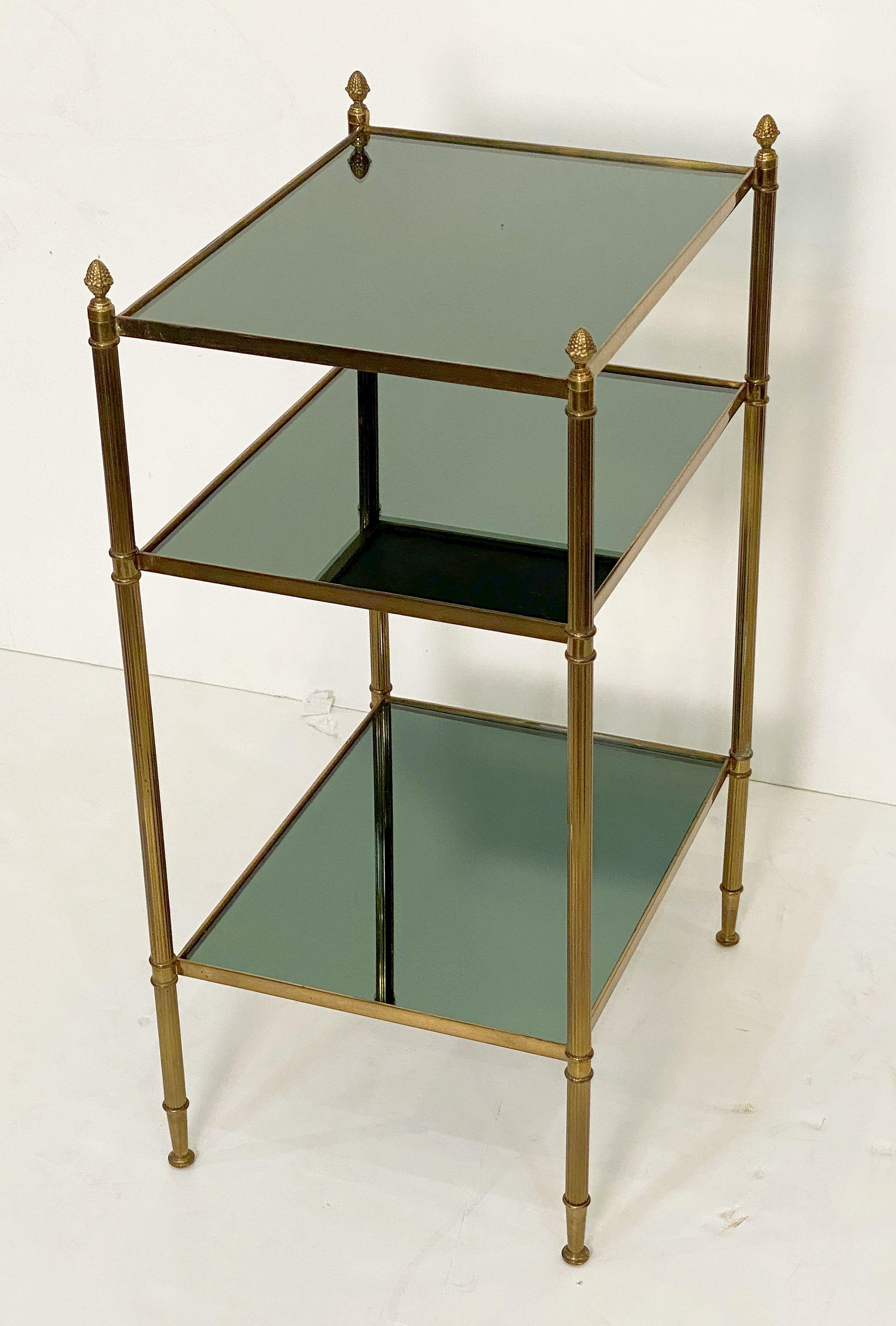 Mid-Century Modern French Three-Tiered Side or End Table of Brass and Tinted Mirrored Glass For Sale