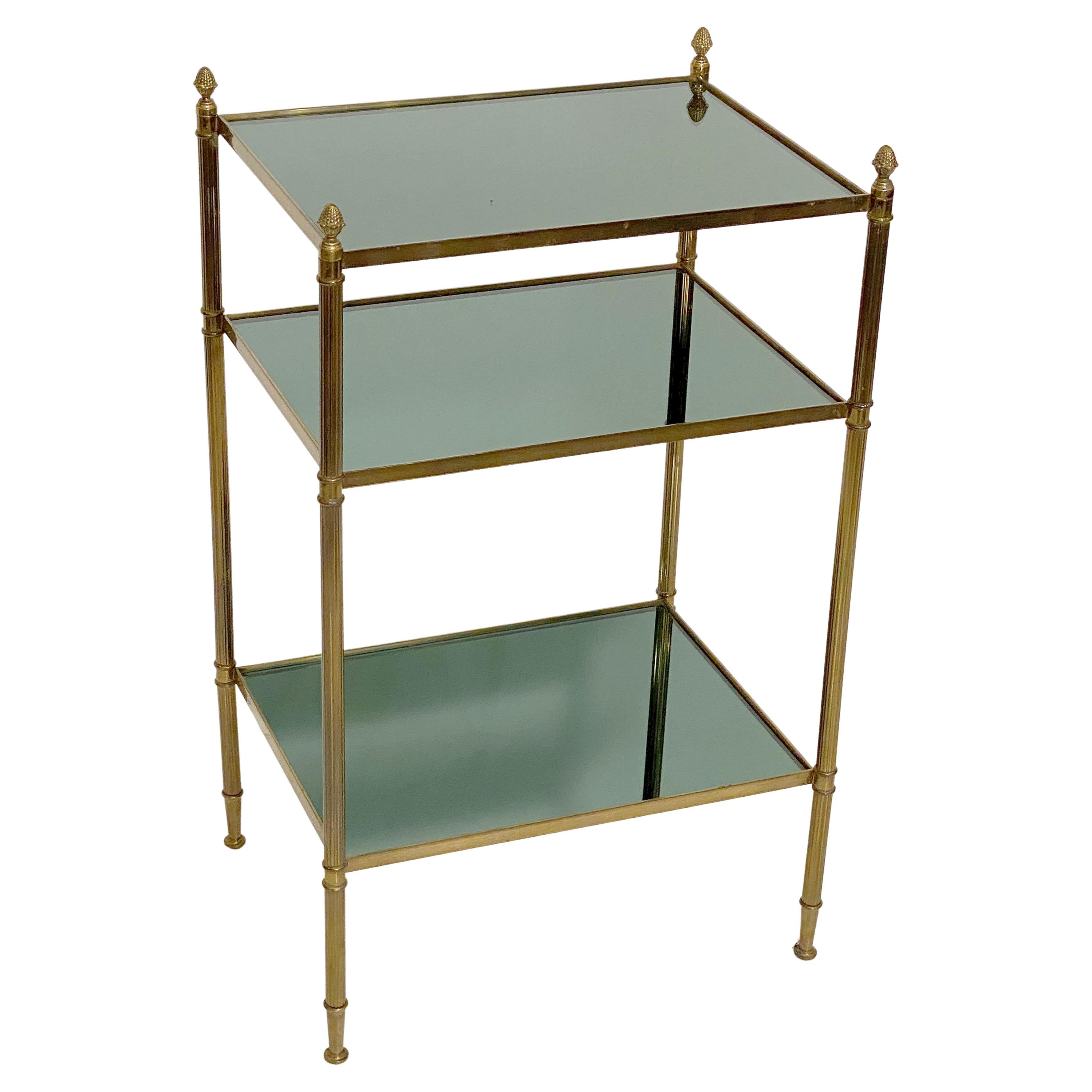 French Three-Tiered Side or End Table of Brass and Tinted Mirrored Glass For Sale