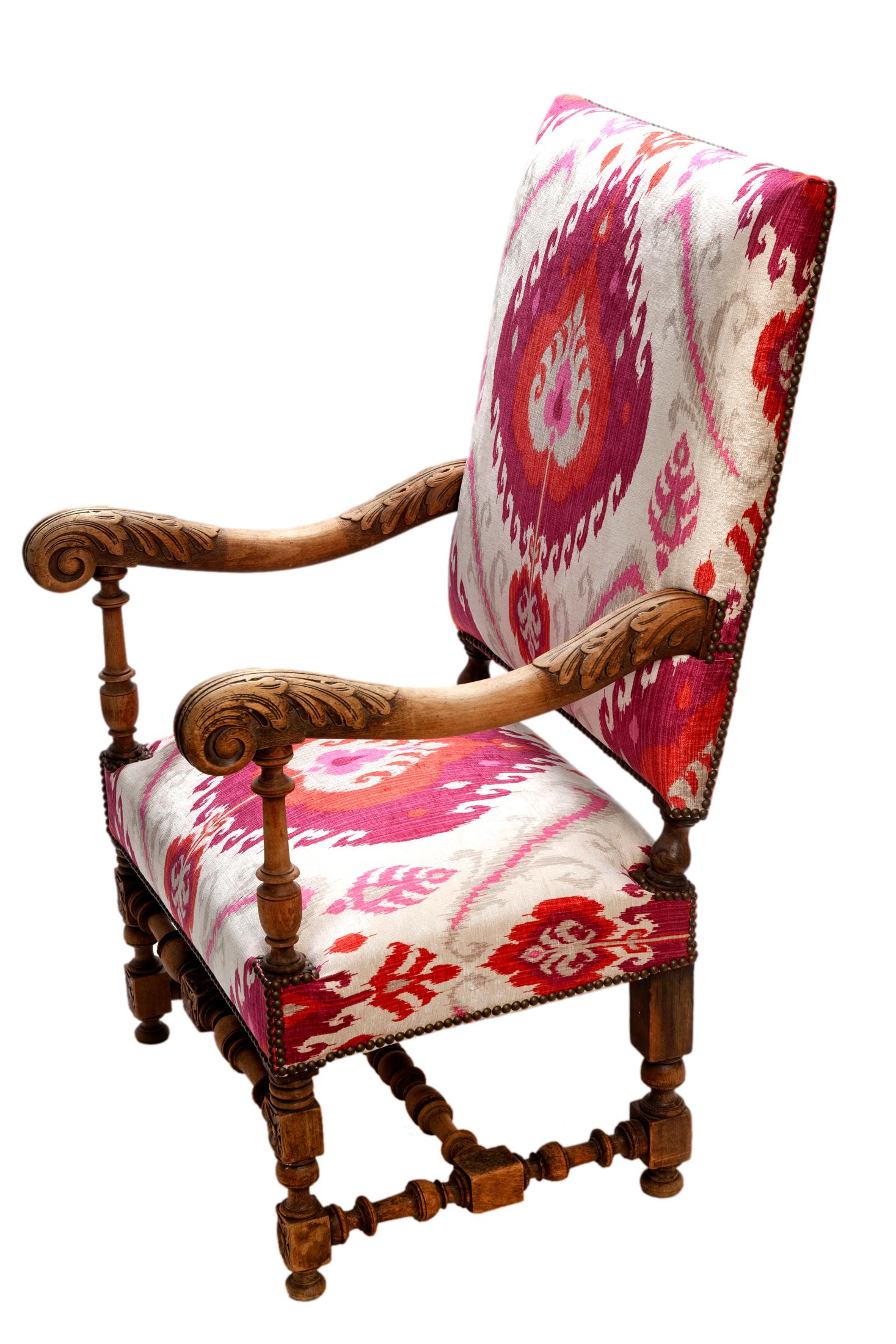 Baroque Revival French Throne Chair with Funky Ikat Velvet For Sale