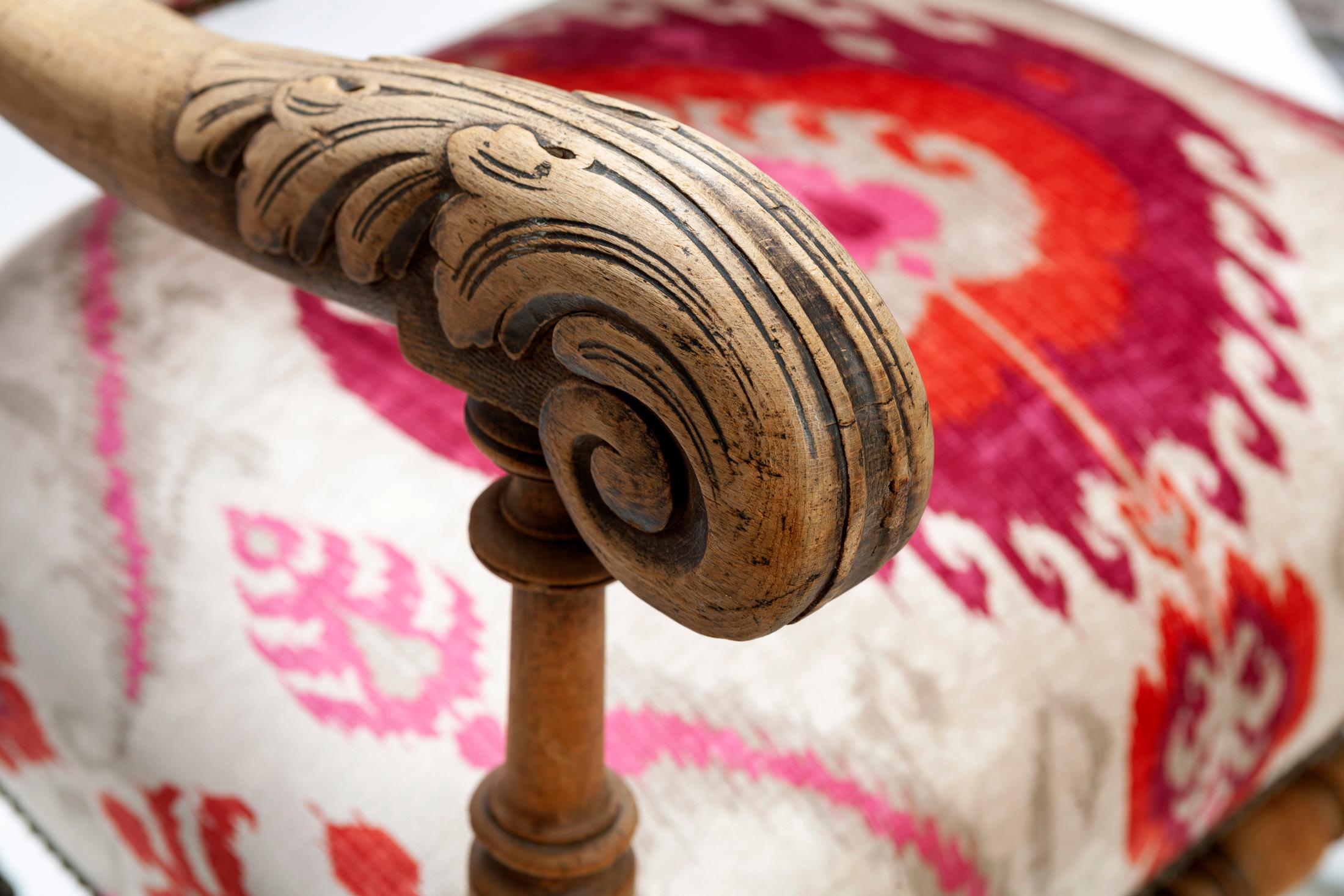 19th Century French Throne Chair with Funky Ikat Velvet For Sale