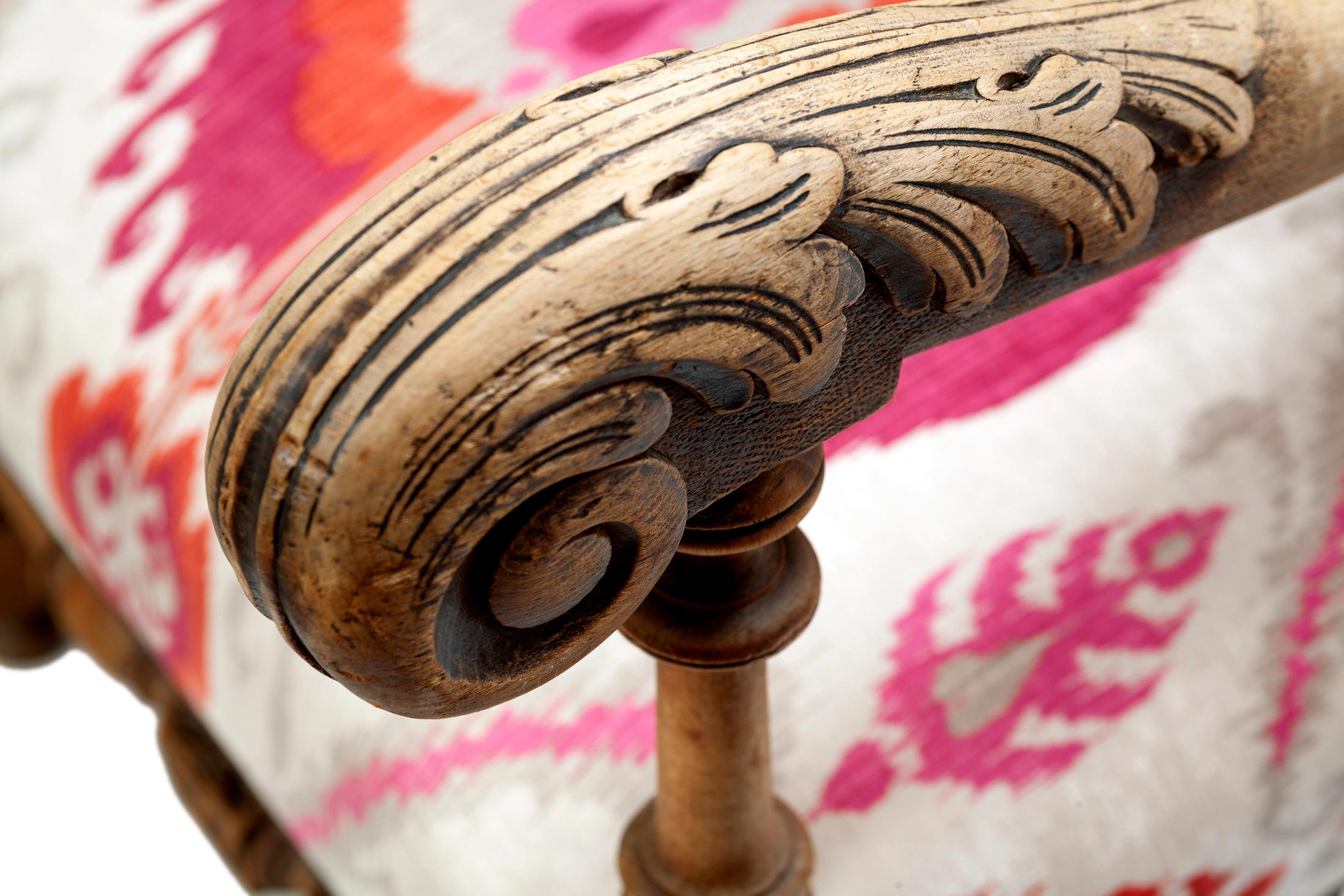 Brass French Throne Chair with Funky Ikat Velvet For Sale