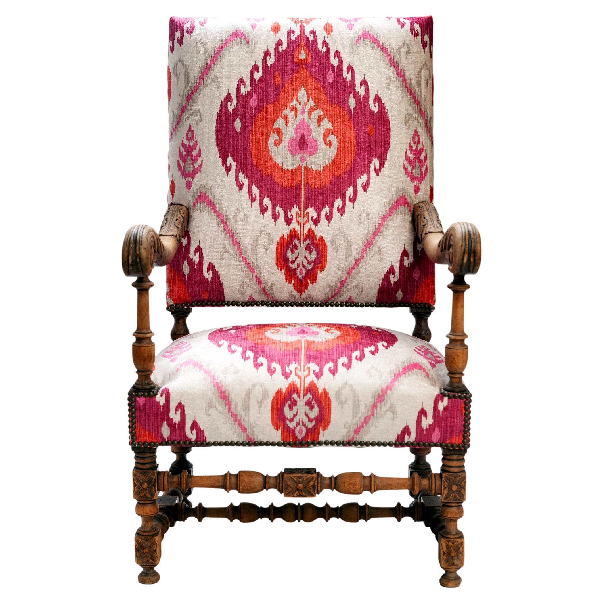French Throne Chair with Funky Ikat Velvet For Sale