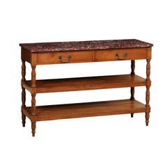 French Tiered Console Table with Marble Top & 2-Drawers from the Late 19th C