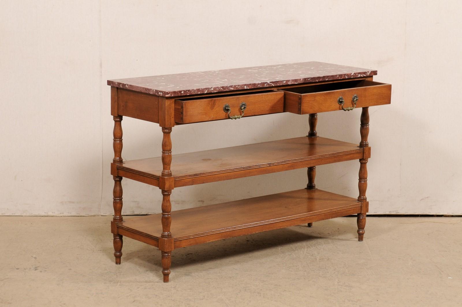French Tiered Console Table with Marble Top & 2-Drawers from the Late 19th C In Good Condition In Atlanta, GA