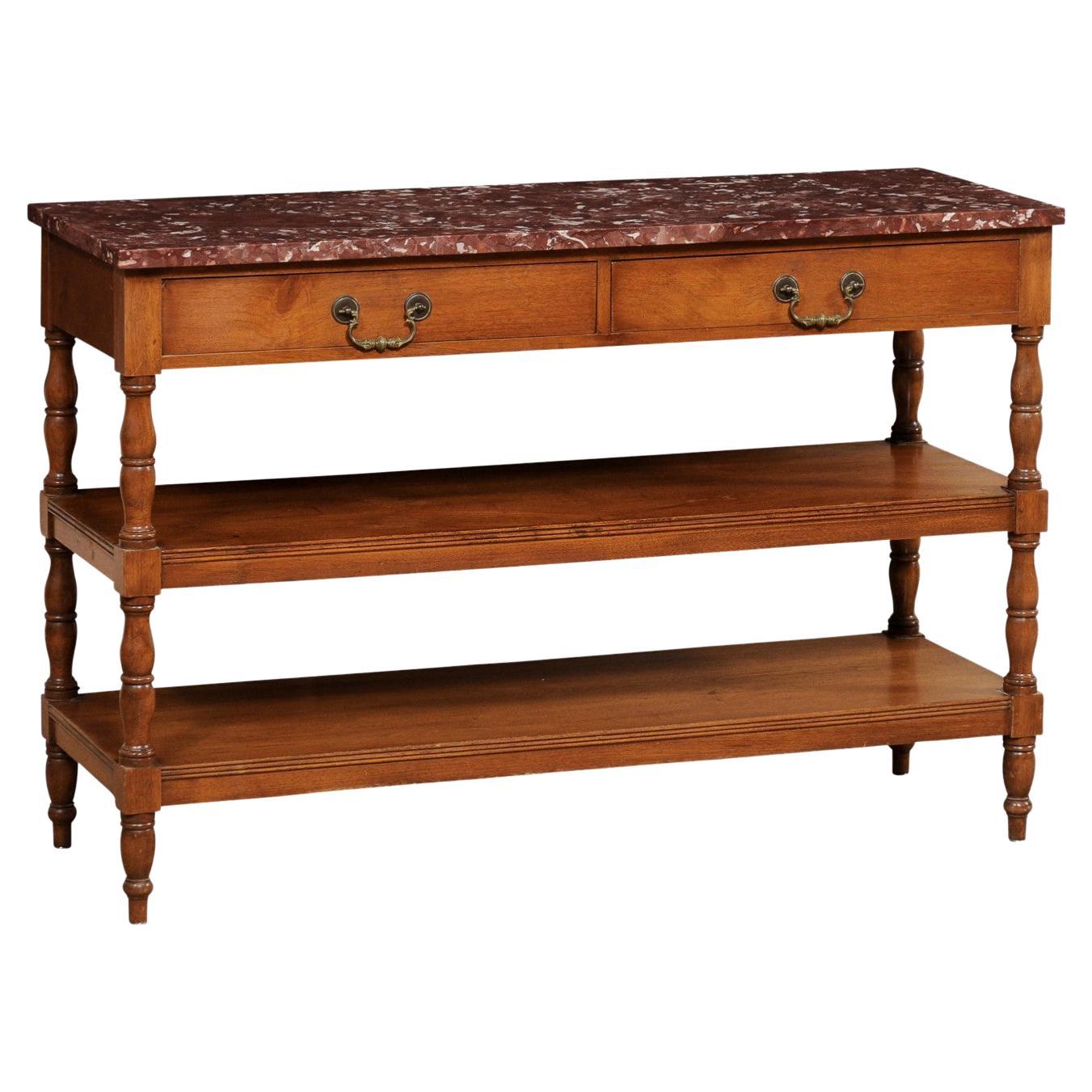 French Tiered Console Table with Marble Top & 2-Drawers from the Late 19th C