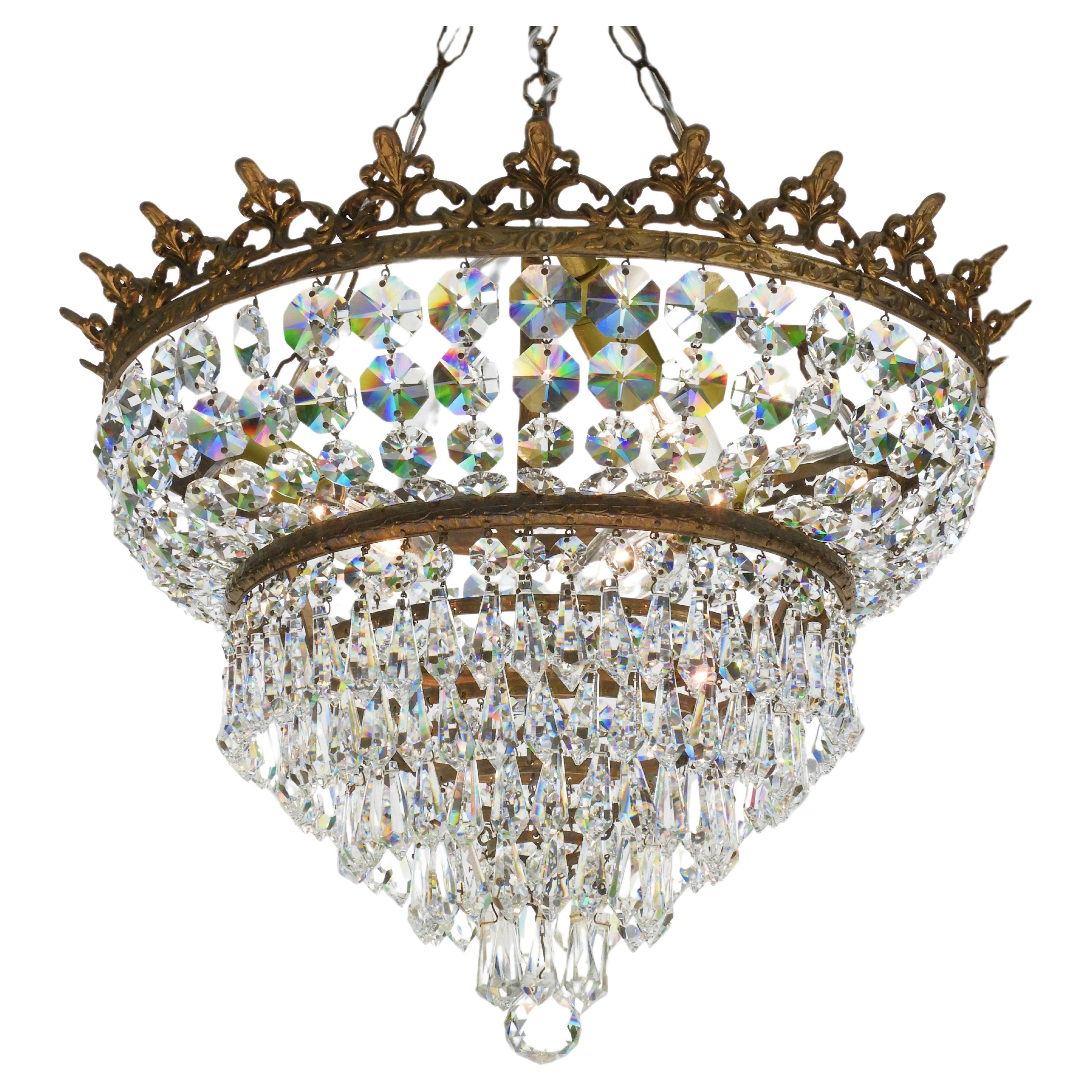 French Tiered Crown Waterfall Crystal Chandelier C1930