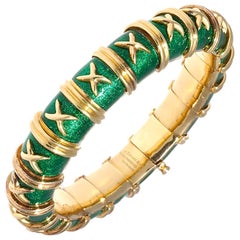 French Tiffany & Co. Schlumberger Croisillon Green Enamel 18 Karat Gold Bracelet