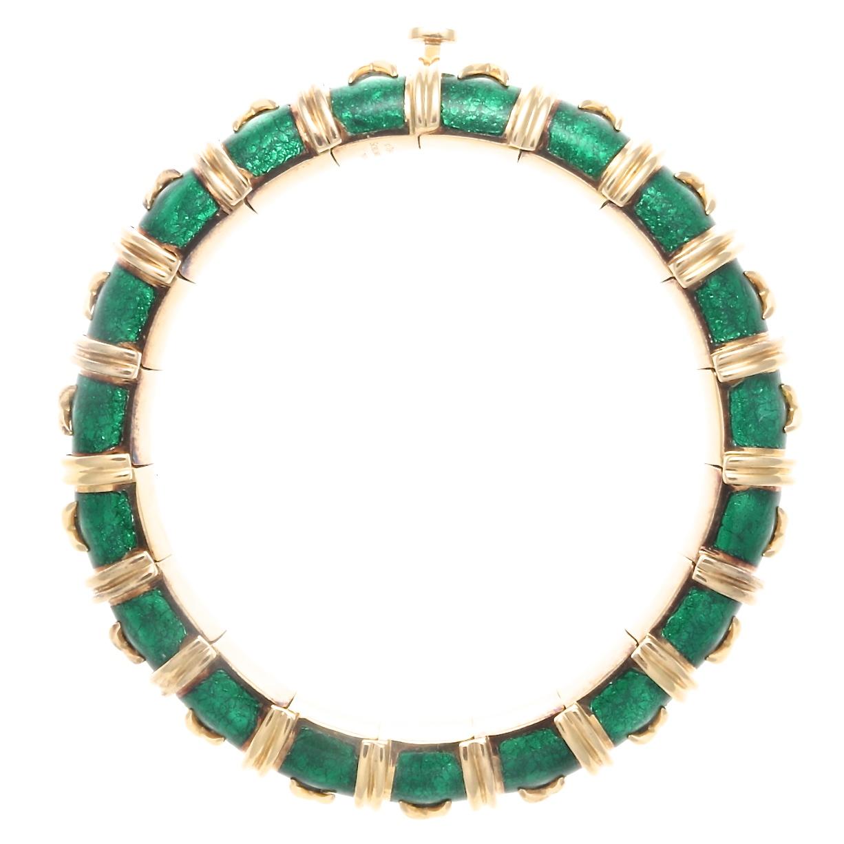 Contemporary French Tiffany & Co. Schlumberger Croisillon Green Enamel 18 Karat Gold Bracelet