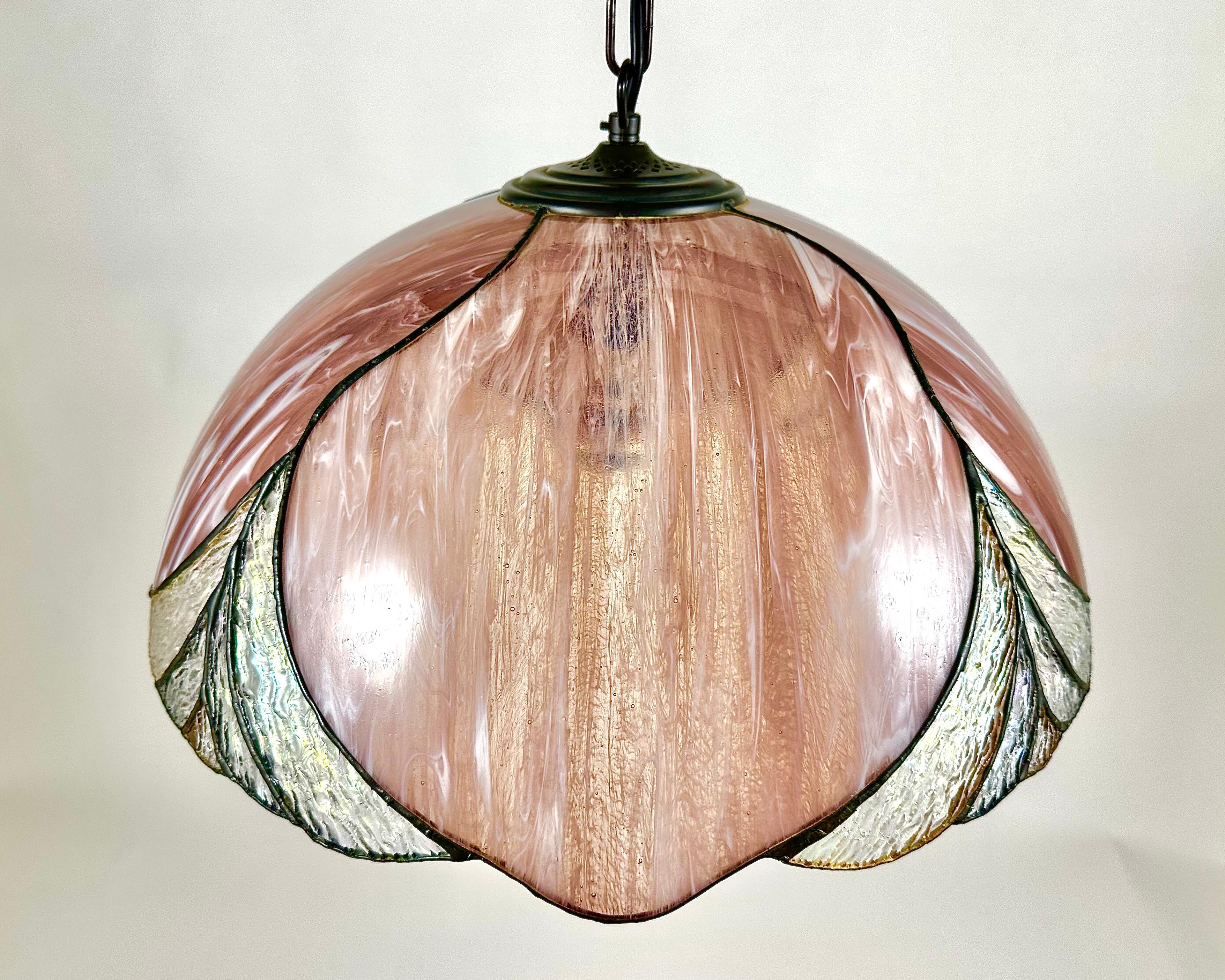 Large Vintage Tiffany Chandelier. France, 1970s. 

Stained glass Tiffany chandelier geometric art deco.

Marble and pink glass according to the traditional technique of the first manufacturer Louis Comfort Tiffany. 

Chandelier is handcrafted by