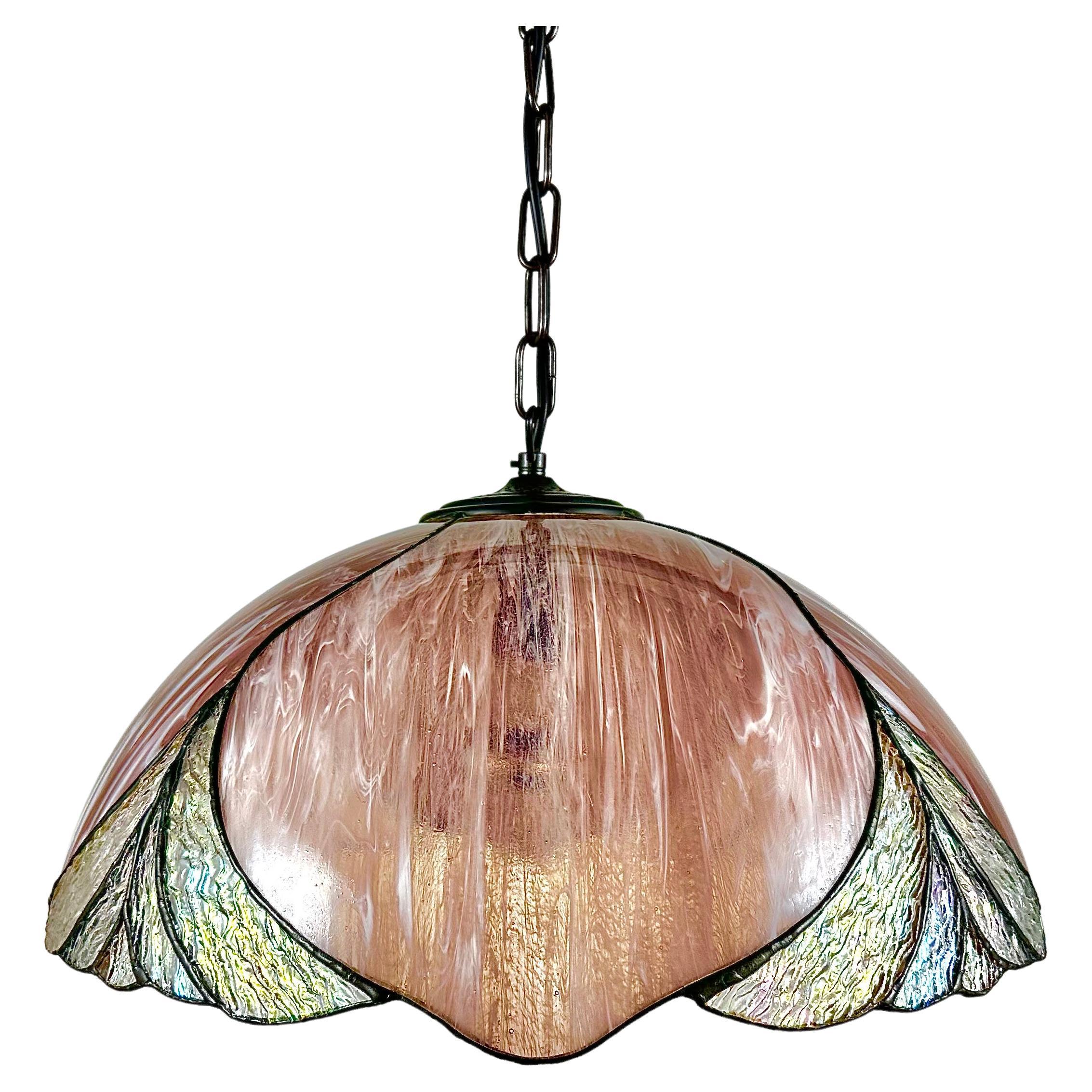 French Tiffany Style Ceiling Lamp  Adjustable Stained Glass & Brass Chandelier
