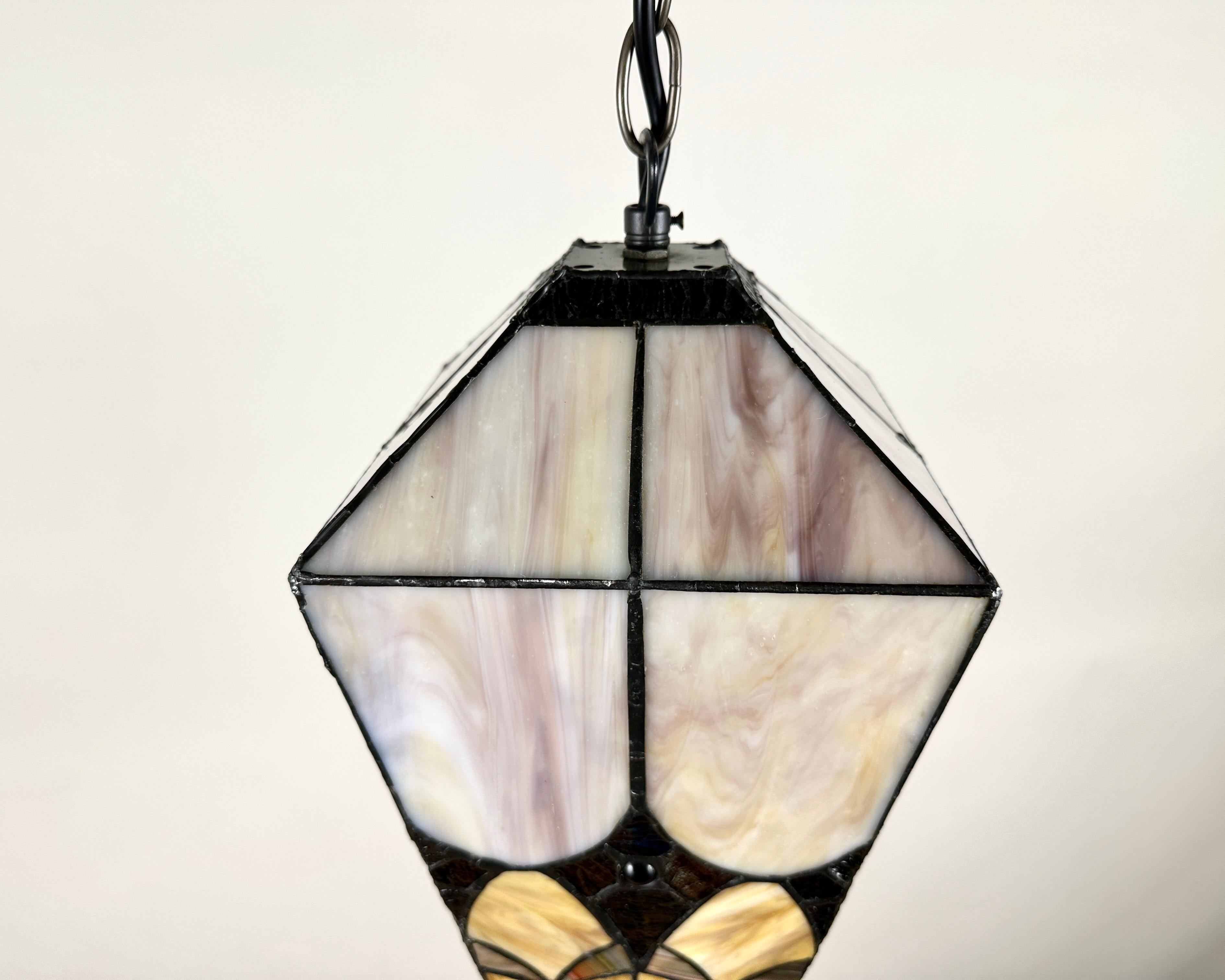Brass French Tiffany Style Lantern Vintage 1950s Amber Glass Outdoor / Indoor For Sale