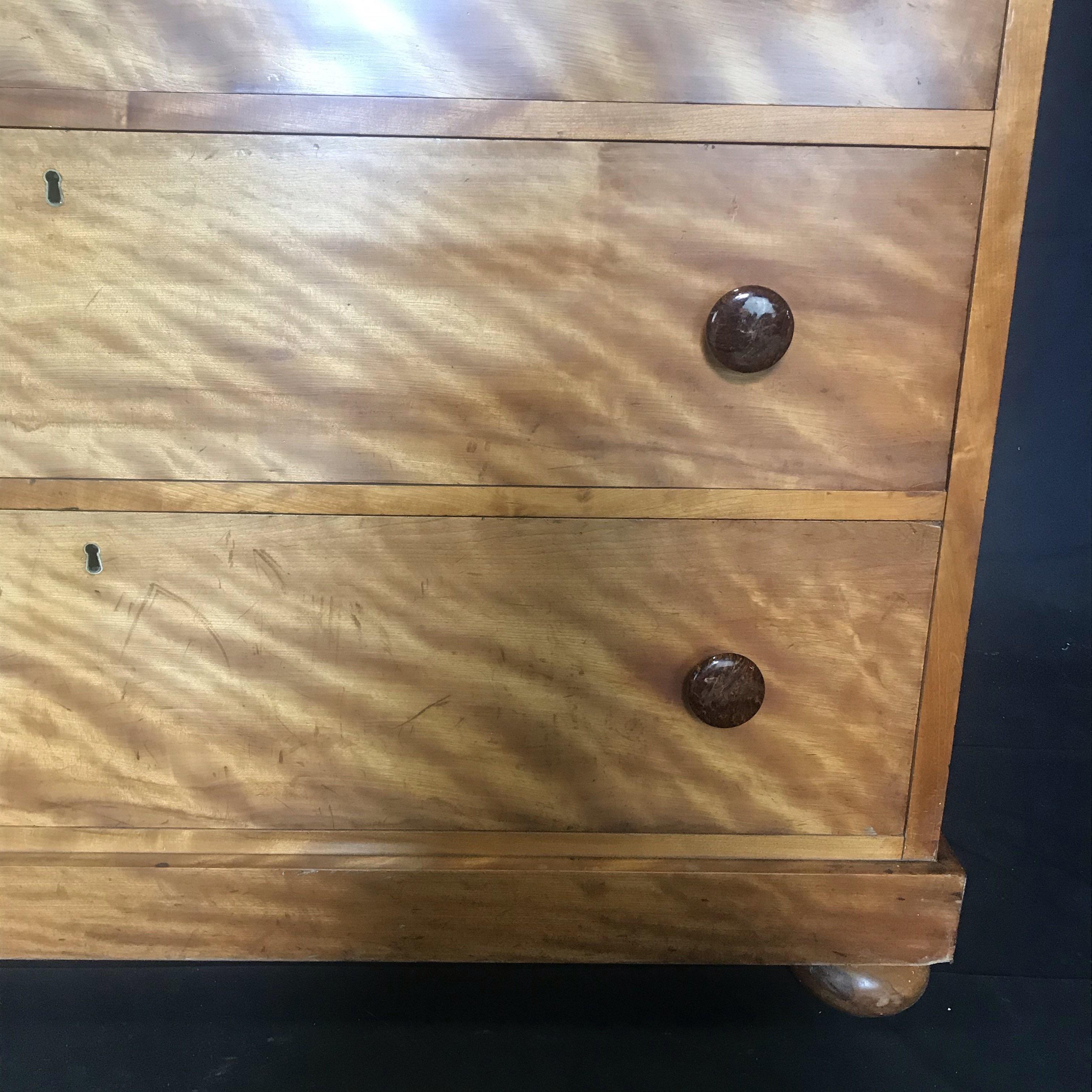 Maple French Tiger's Eye Chest of Drawers Commode with Porcelain Drawer Pulls