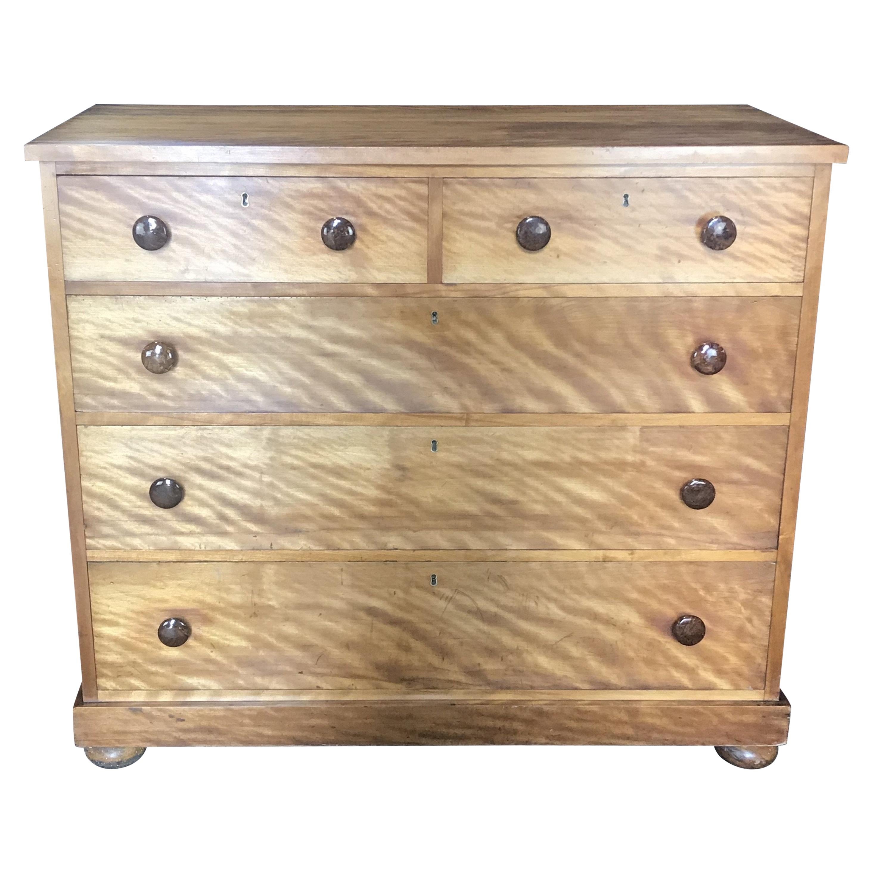 French Tiger's Eye Chest of Drawers Commode with Porcelain Drawer Pulls