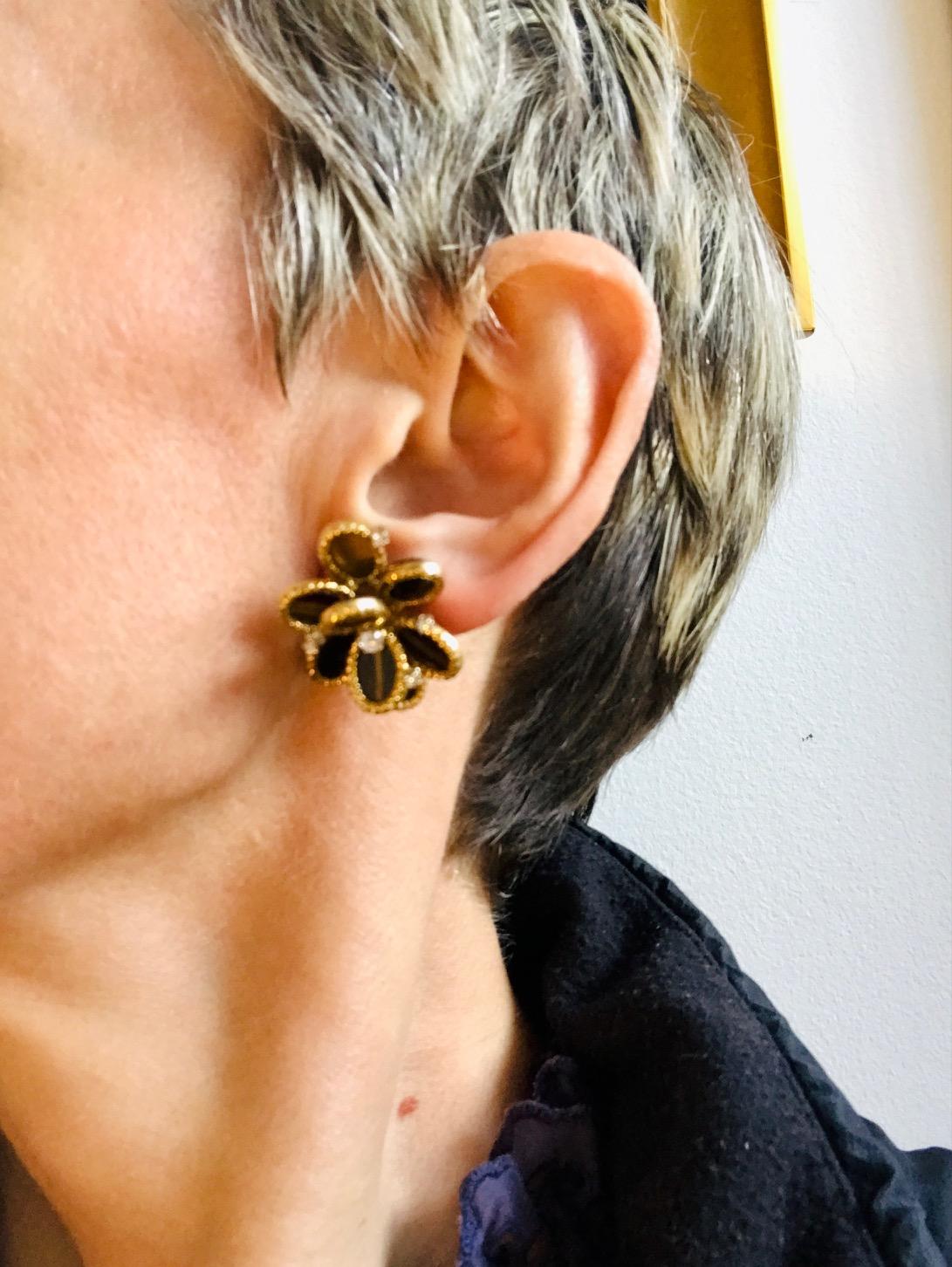 French Tiger's Eye Earrings Diamond 18k Gold Flower Design For Sale 5