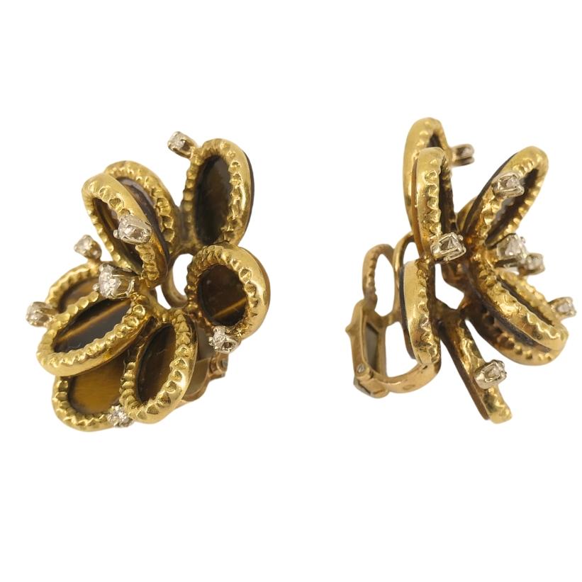 Women's French Tiger's Eye Earrings Diamond 18k Gold Flower Design For Sale