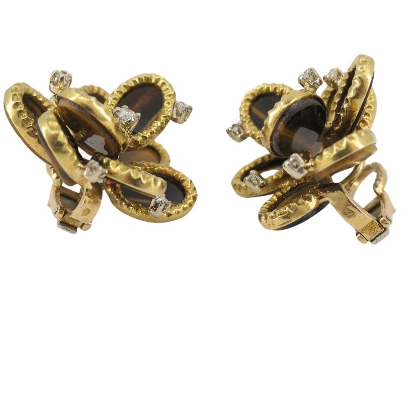 French Tiger's Eye Earrings Diamond 18k Gold Flower Design For Sale 2