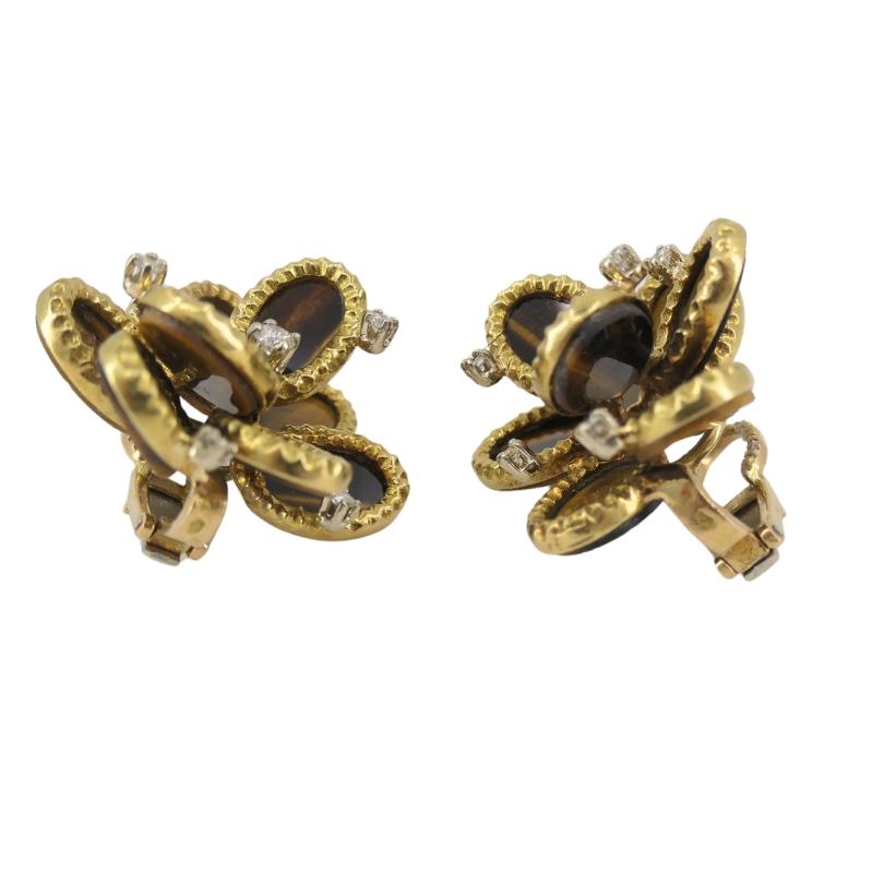 French Tiger's Eye Earrings Diamond 18k Gold Flower Design For Sale 3