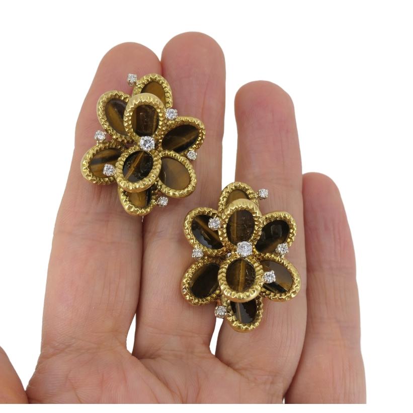 French Tiger's Eye Earrings Diamond 18k Gold Flower Design For Sale 4