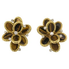 French Tiger's Eye Earrings Diamond 18k Gold Flower Design